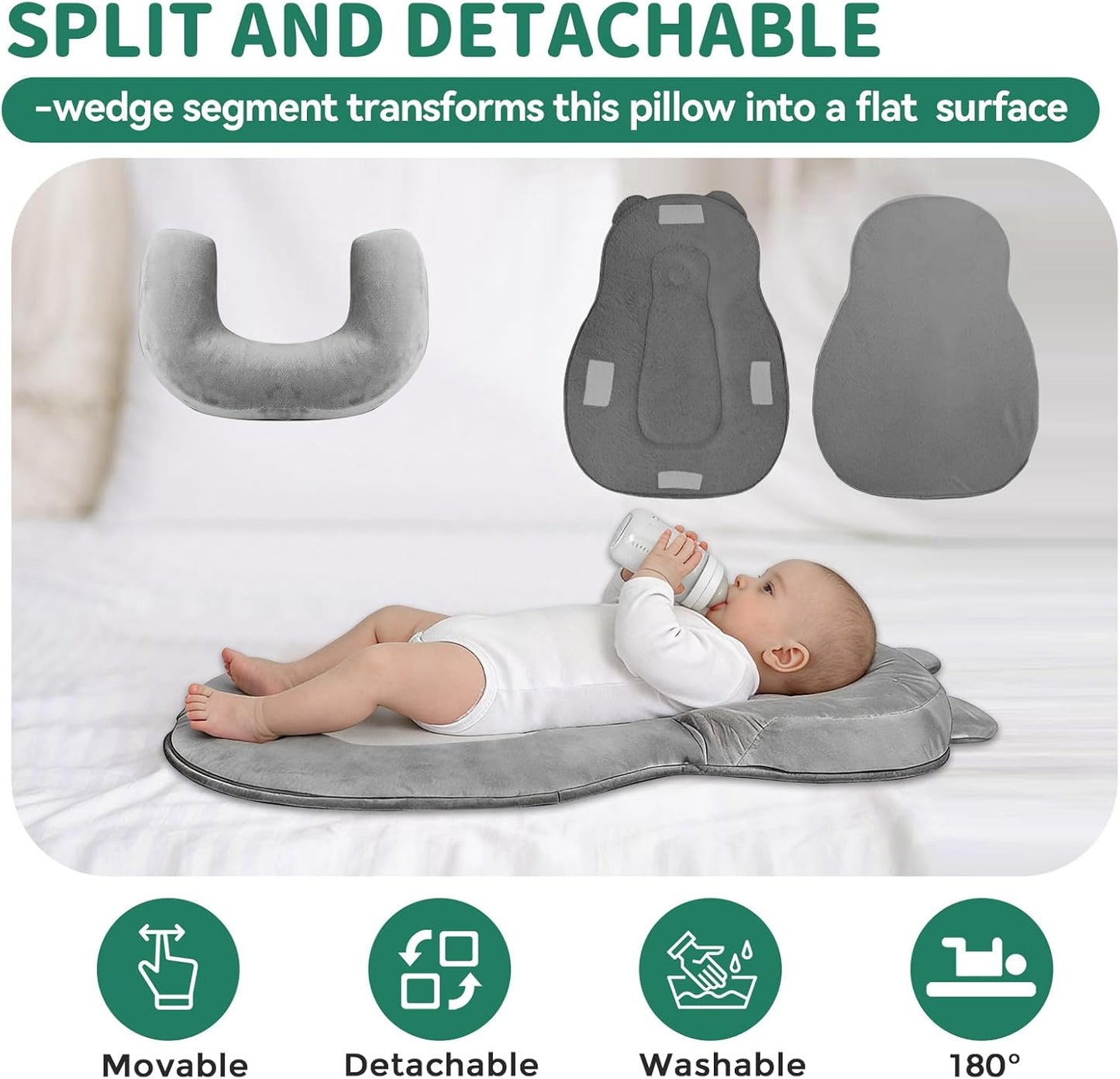 Rootling Baby Feeding Pillow, Anti Overflow Feeding Pillow for Reducing Spit-Up, Safety Nursing Pillow, Baby Lounger Reflux Wedge Breastfeeding, Removable top and Bottom