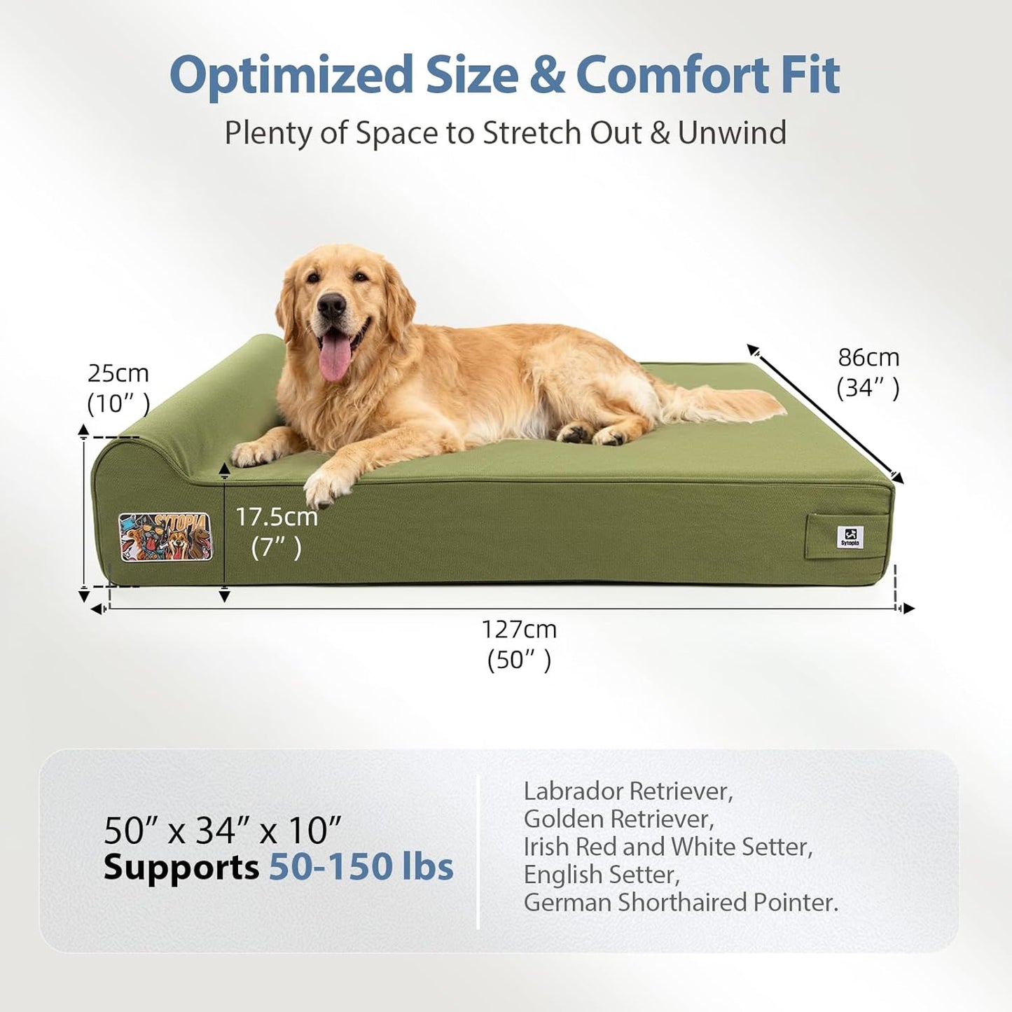 Sytopia 7" Thick Orthopedic Dog Beds for Extra Large Dogs, Canvas Dog Bed with Chew Proof Fabric Cover, Ups to 150 Pounds, 35D Memory Foam Dog Beds with Waterproof Liner & Washable Cover, Green