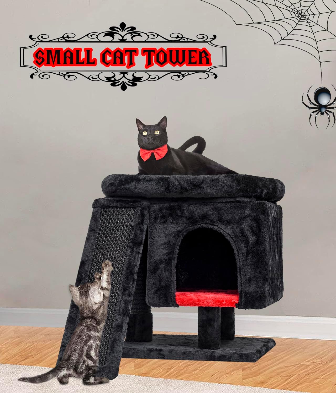 SYANDLVY Gothic Cat Tree with Coffin Bed for Indoor Cats, Cat Tower with Scratching Post, Modern Activity House for Large Cats, Condo with Board, Kittens Cave