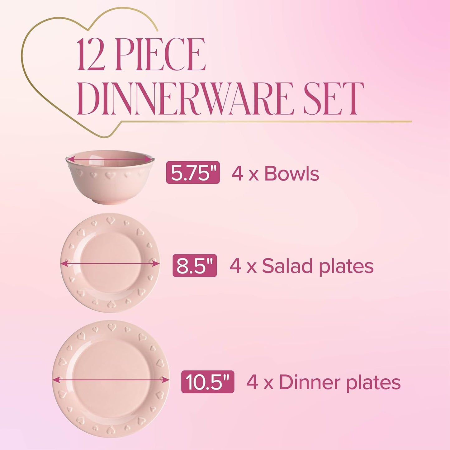 Paris Hilton 12-Piece Dinnerware Set, Embossed Hearts. Iconic Ceramic Stoneware Service for 4 with Dinner Plates, Salad Plates, and Bowls, Microwave & Dishwasher Safe, Pink