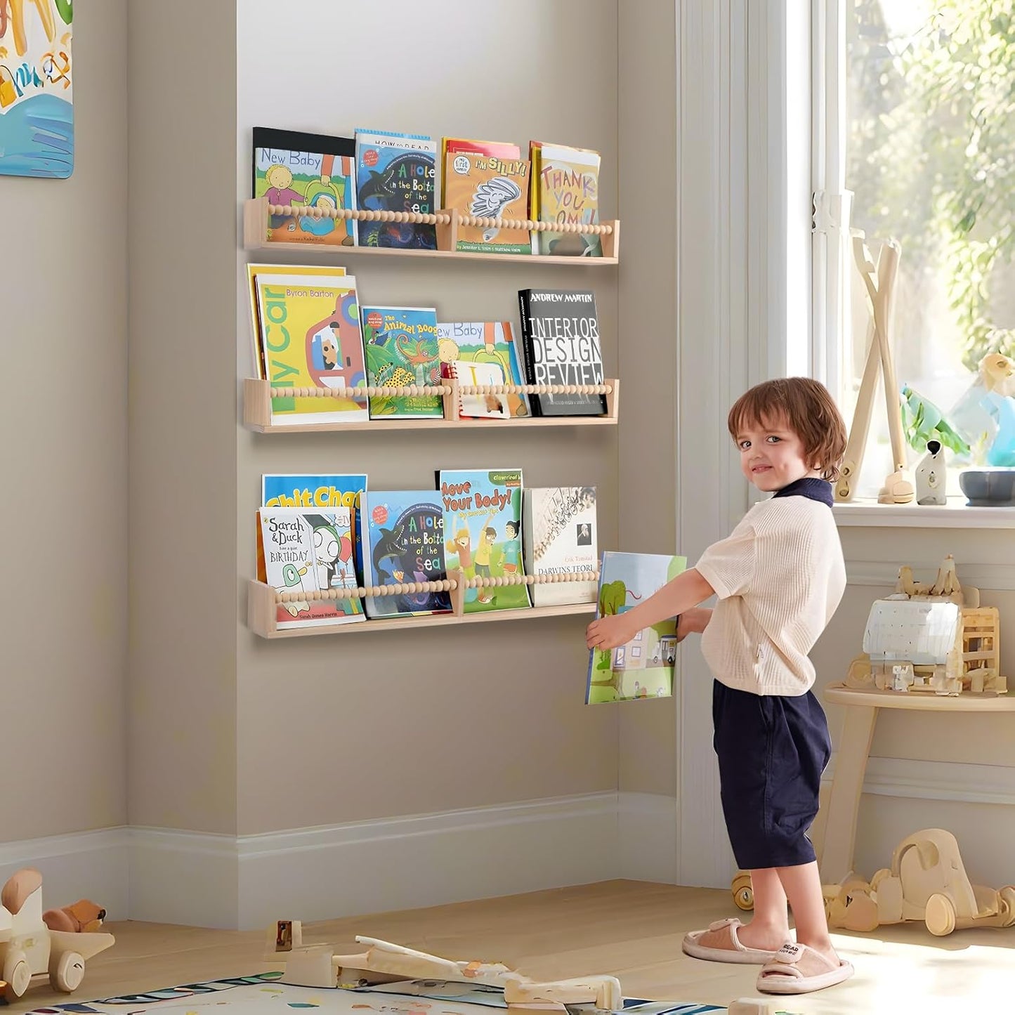 Nursery Book Shelves for Kids Rooms - 32 Inches Floating Wall Bookshelves Set of 3, Space-Saving Nursery Shelves with Beads Design for Kids Room, Bedroom and Study Room(Natural)