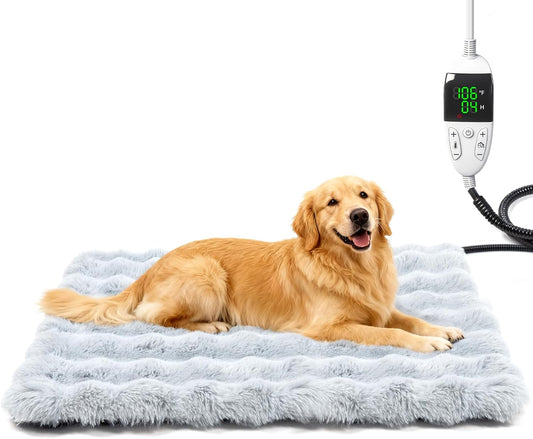 Dog Heating Pad, Heated Dog Cat Bed with Smart Thermostat, 12 Temp Levels & 0-12H Timer, Large Pet Heating Pad with Plush Fleece Cover, Waterproof & Chew Resistant, 34x24in