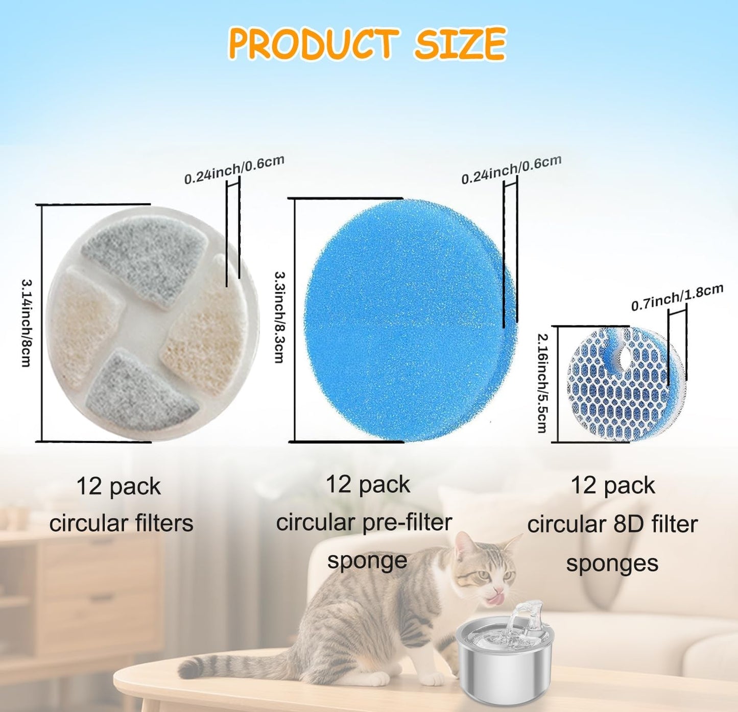 12 Set Cat Fountain Filter Replacement for Round 2L/67oz Automatic Dog Dispenser Water Bowl, Stainless Steel Pet Water Fountain Filters with Triple