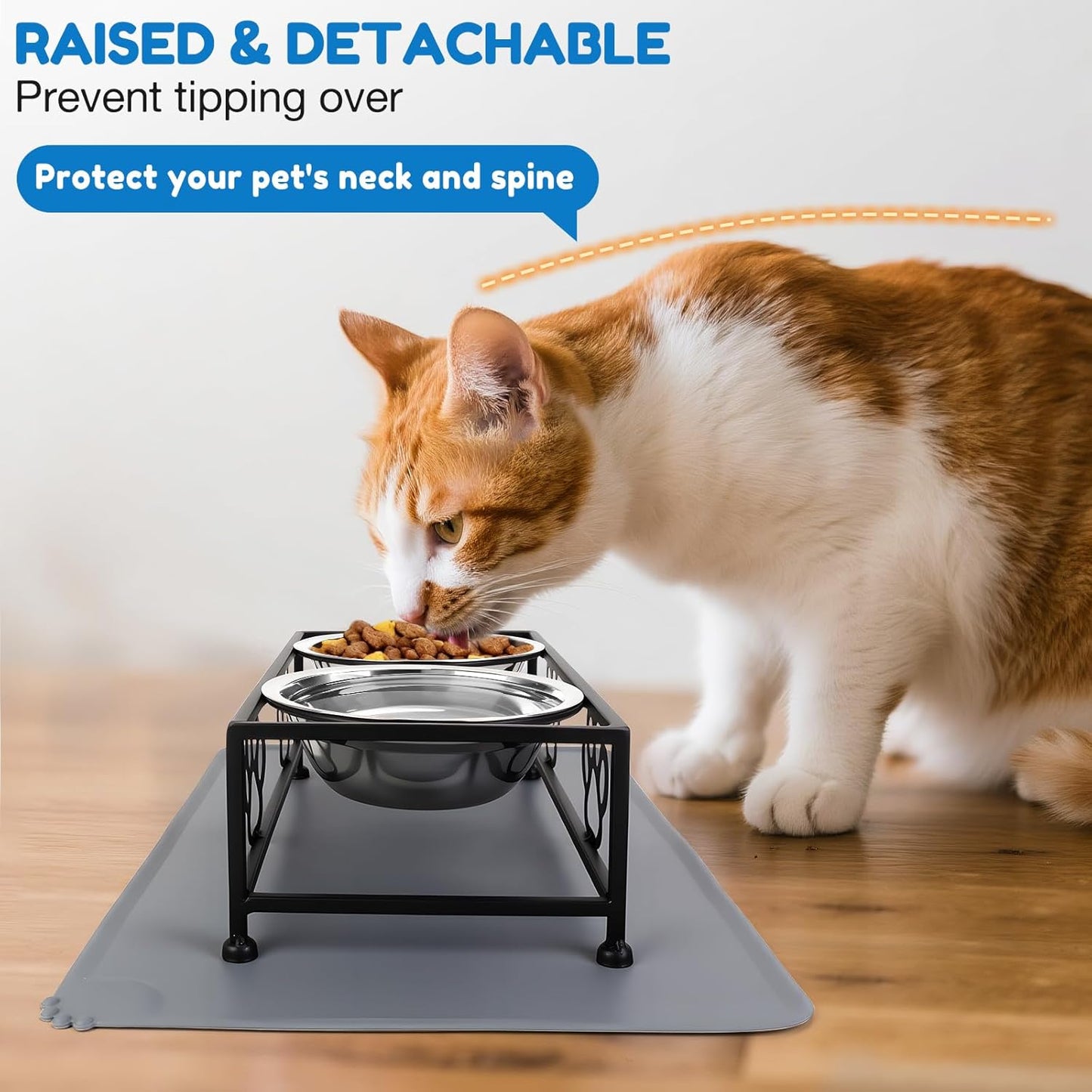 Elevated Cat Dog Bowls 2 Pack Raised Cat Dogs Bowls Stand with Non-Slip Slicone Mat Stainless Steel Elevated Pet Feeding Station (Black)