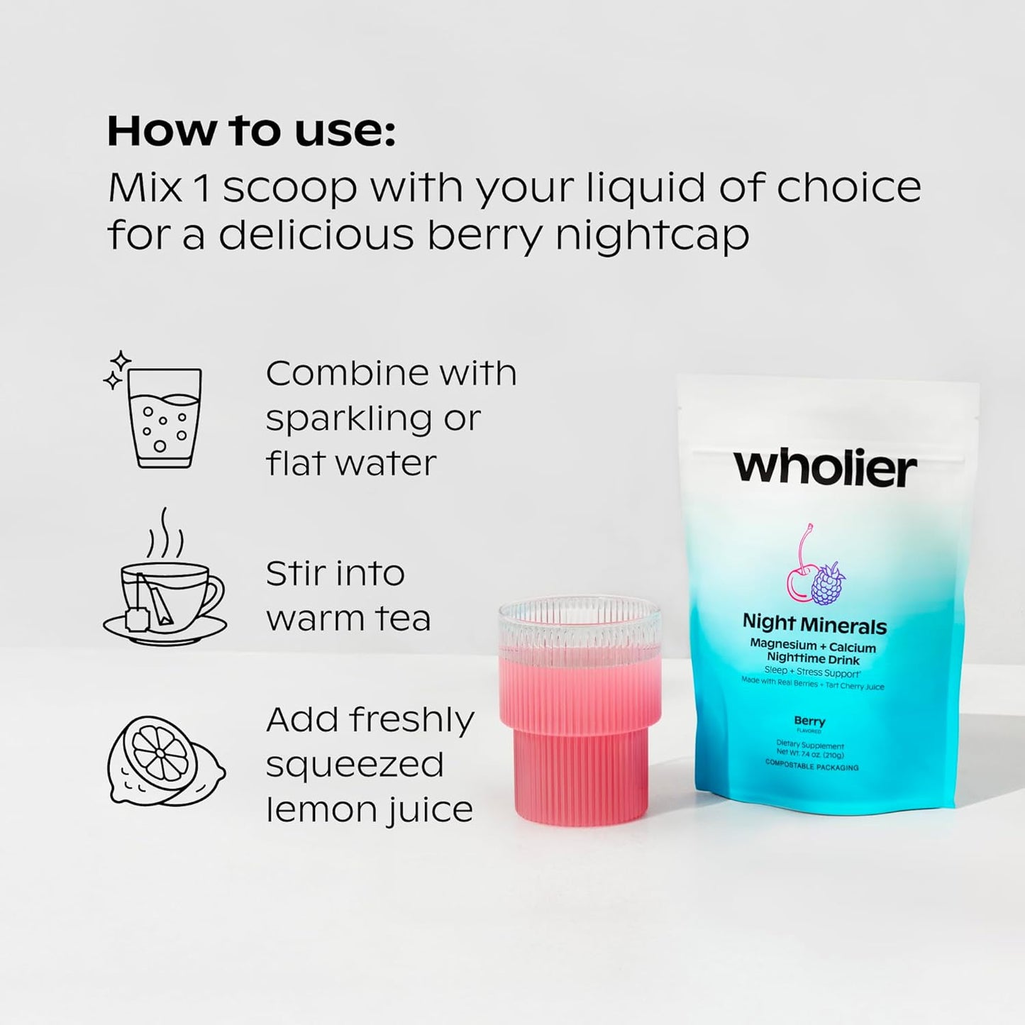 wholier Magnesium Glycinate, Tart Cherry Juice, Chelated Calcium. Calming Nighttime Drink. Natural Support for Sleep, Stress + Relaxation. Night Minerals. (About 25 Servings)