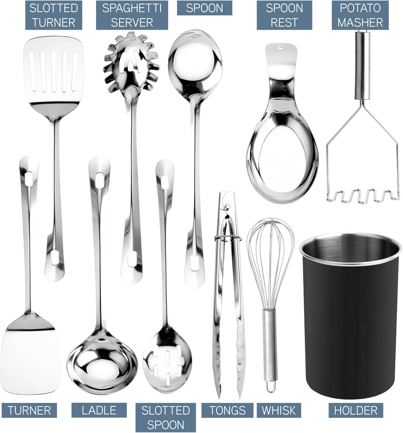 COOK WITH COLOR Kitchen Utensil Set - premium Nonstick & Heat Resistant Kitchen Gadgets, Turner, Spaghetti Server, Serving Spoons, Whisk, Tongs, Masher & Utensil Holder, 10-piece Black