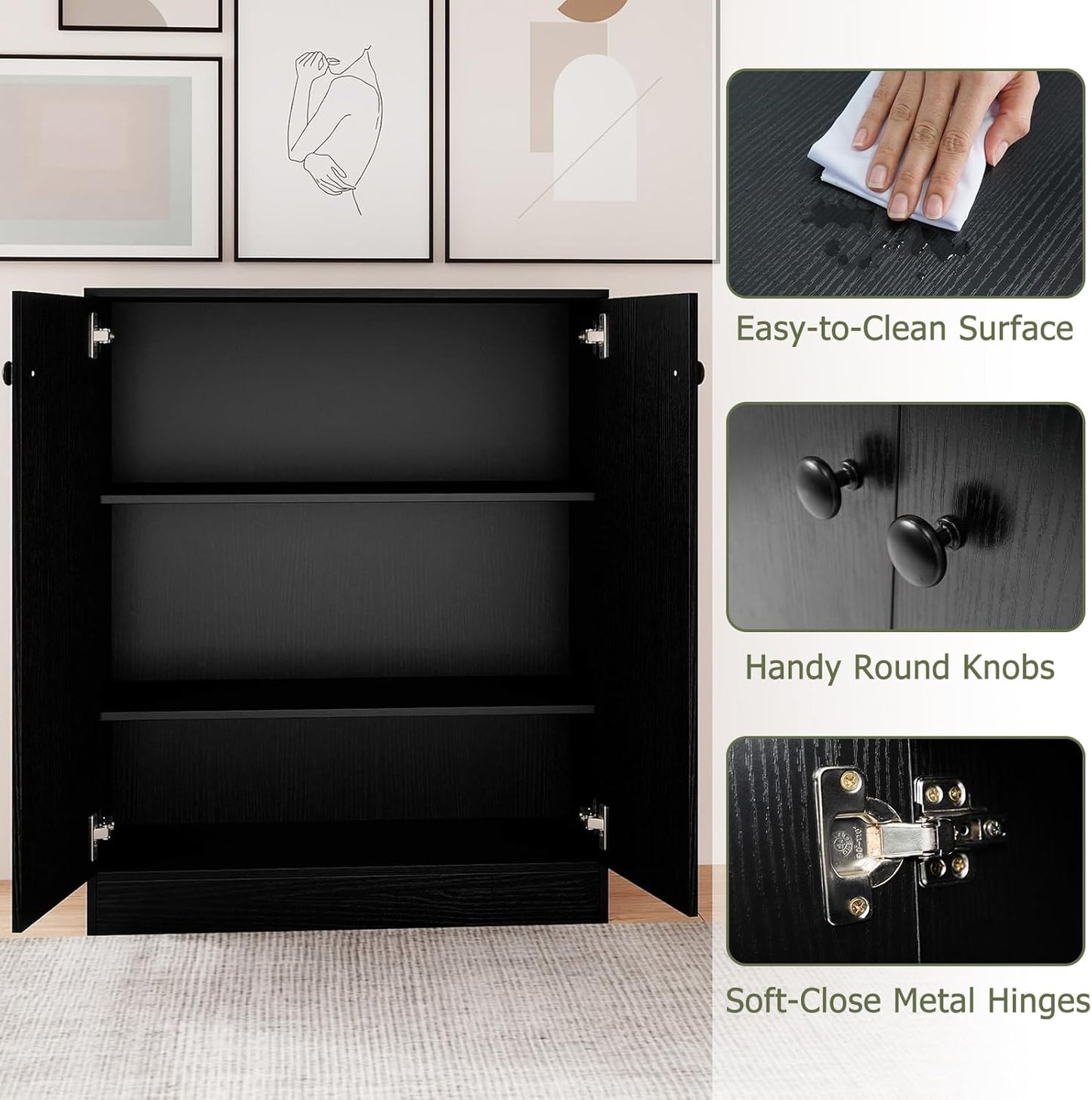 Giantex 2 Door Storage Base Cabinet - Freestanding Floor Cabinet with 3-Tier Shelf, Non-Slip Foot Pads, Kitchen Cupboard Storage Organizer for Living Room, Hallway, Entryway, Office (Black)