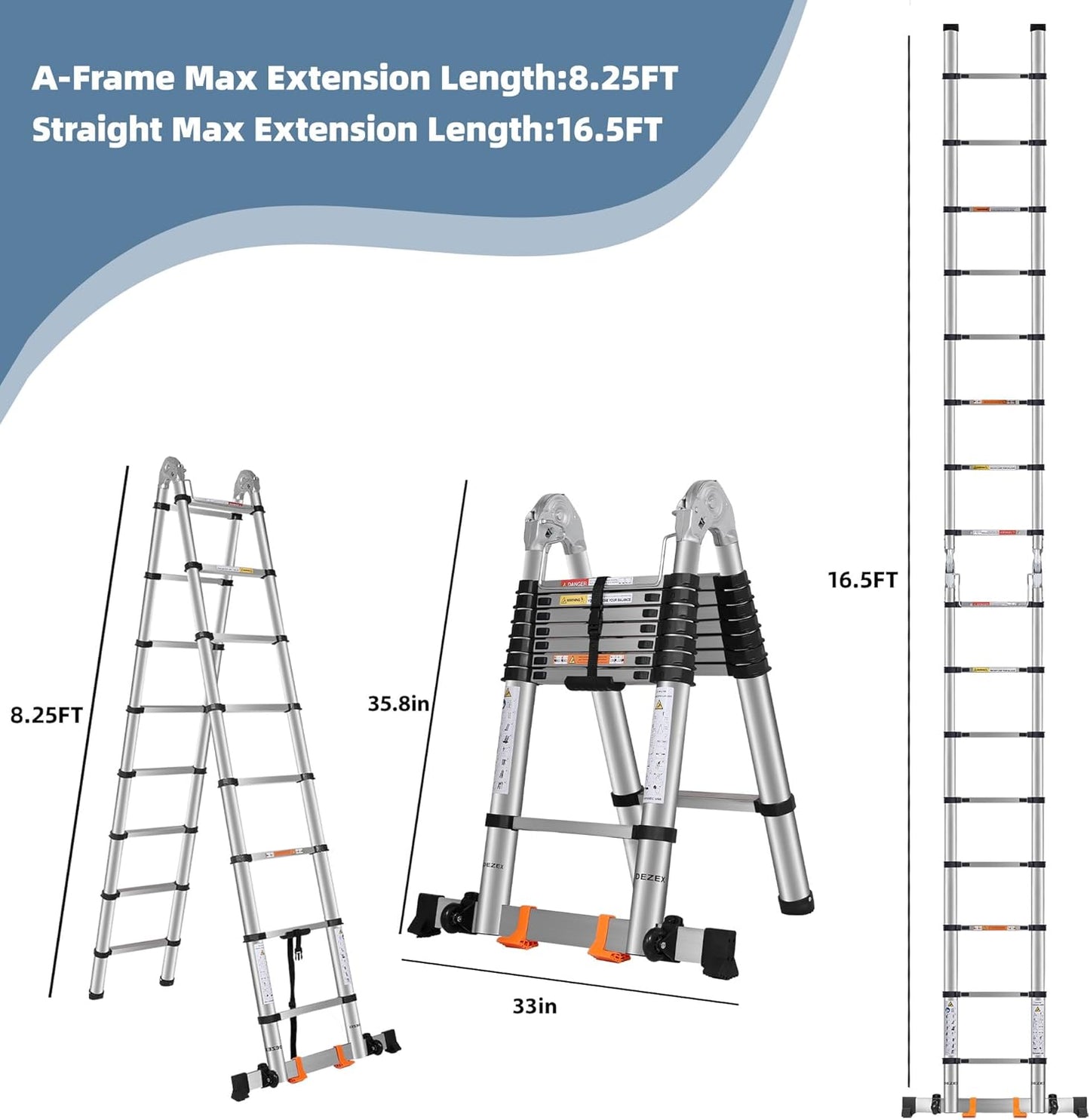 A Frame Telescoping Ladders 16.5 FT Stainless Steel,Telescopic Ladder 330lbs Capacity Compact Ladder with Balance Bar and Movable Wheels,Multi-Purpose Collapsible Ladder for Indoor Outdoor Work