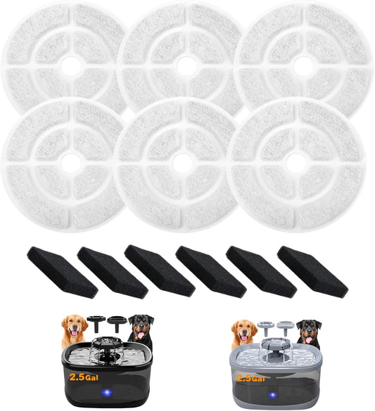 6 Pack Dog Water Filter Replacement for 2.5Gal/9.5L Dog Water Fountain,18CM Larger More Activated Carbon Cat Water Fountain Filter,Pet Fountain Filter Replacement