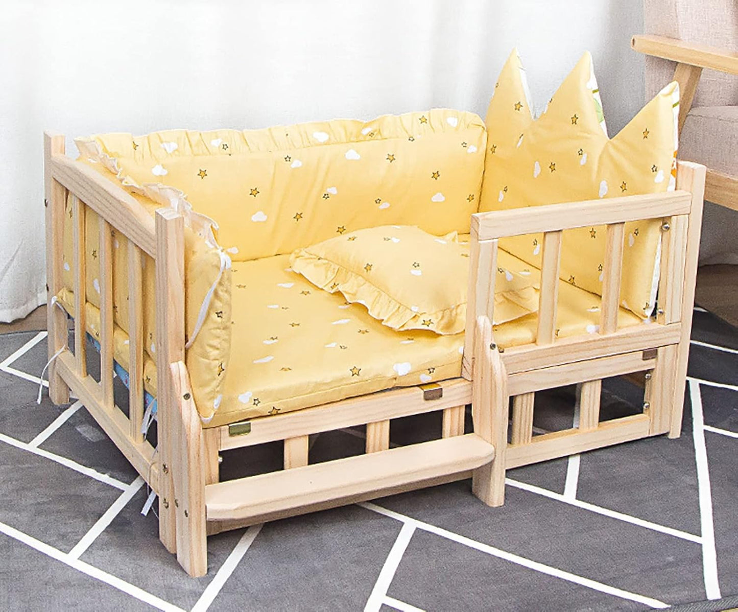 Pet Bed Medium/Large Raised Wooden Dogs Bed with Washable Bedding ＆ Stairs, Comfortable Breathable Elevated Pet Couch, for Older Cats/Puppy (Color : Style2, Size : M-75x50x42cm/30x20x17") (Style1 XL1