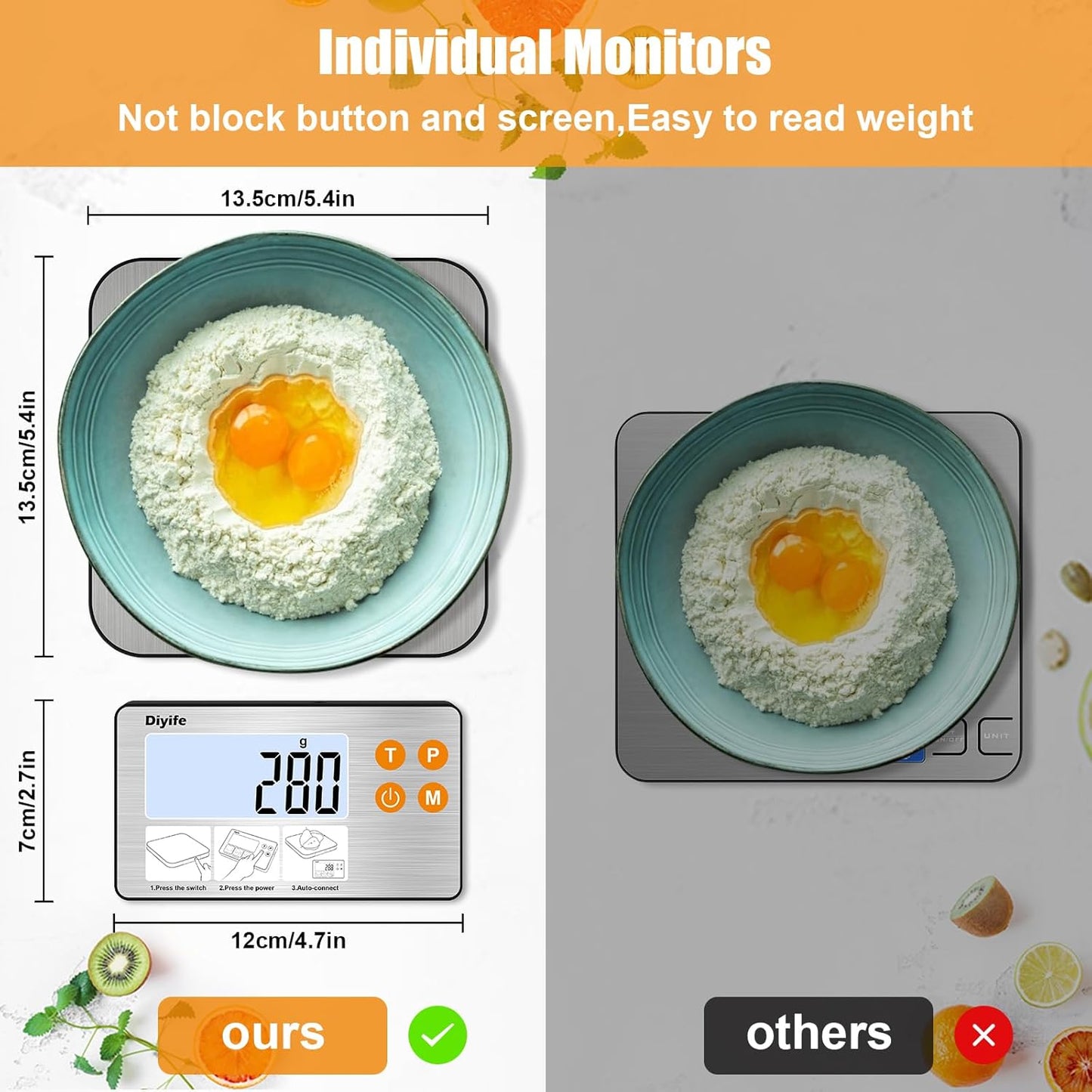 33lb Food Scale with Split Display, Diyife Digital Kitchen Scales, 1g/0.1oz Precise Graduation, 304 Stainless Steel Platform, Backlit LCD, for Cooking, Meal Prep