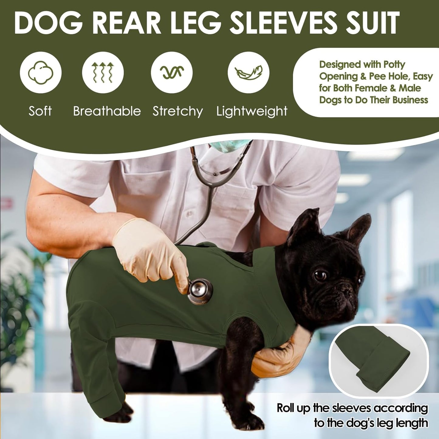 KOESON Breathable Dog Surgery Recovery Suit with Zipper to Stop Licking, Soft Dog Surgical Recovery Sleeve for Hind Legs, Strechy & Lightweight Neuter/Spay Onesie for Male Female Dogs, Army Green XXL