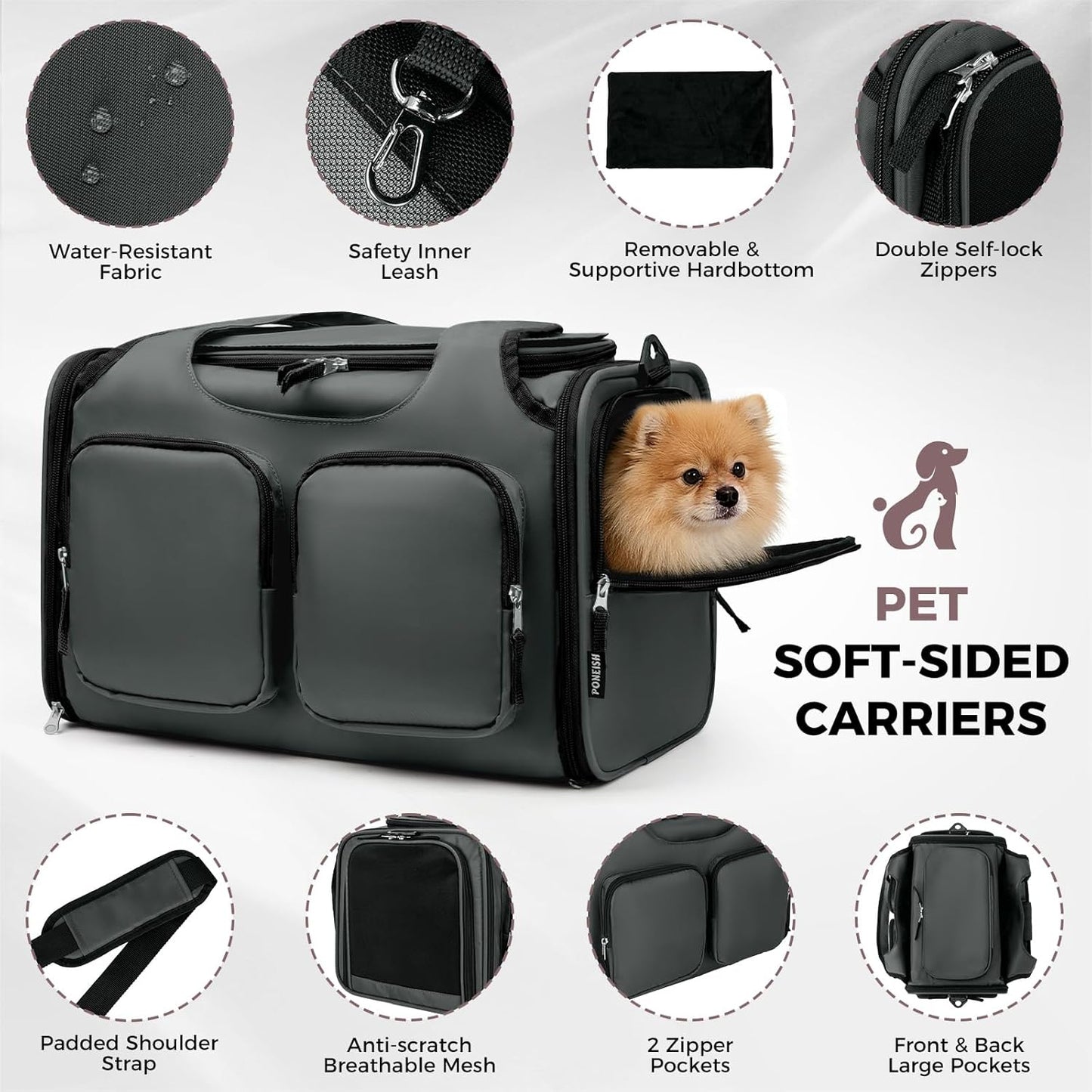 Dog, Cat Carrier for Pets Up to 12 Lbs, Airline Approved Collapsible Soft-Sided Pet Travel Bag with Locking Zippers, Breathable Mesh and 4 Large Pockets, Removable Fleece Pad (Dark Grey)