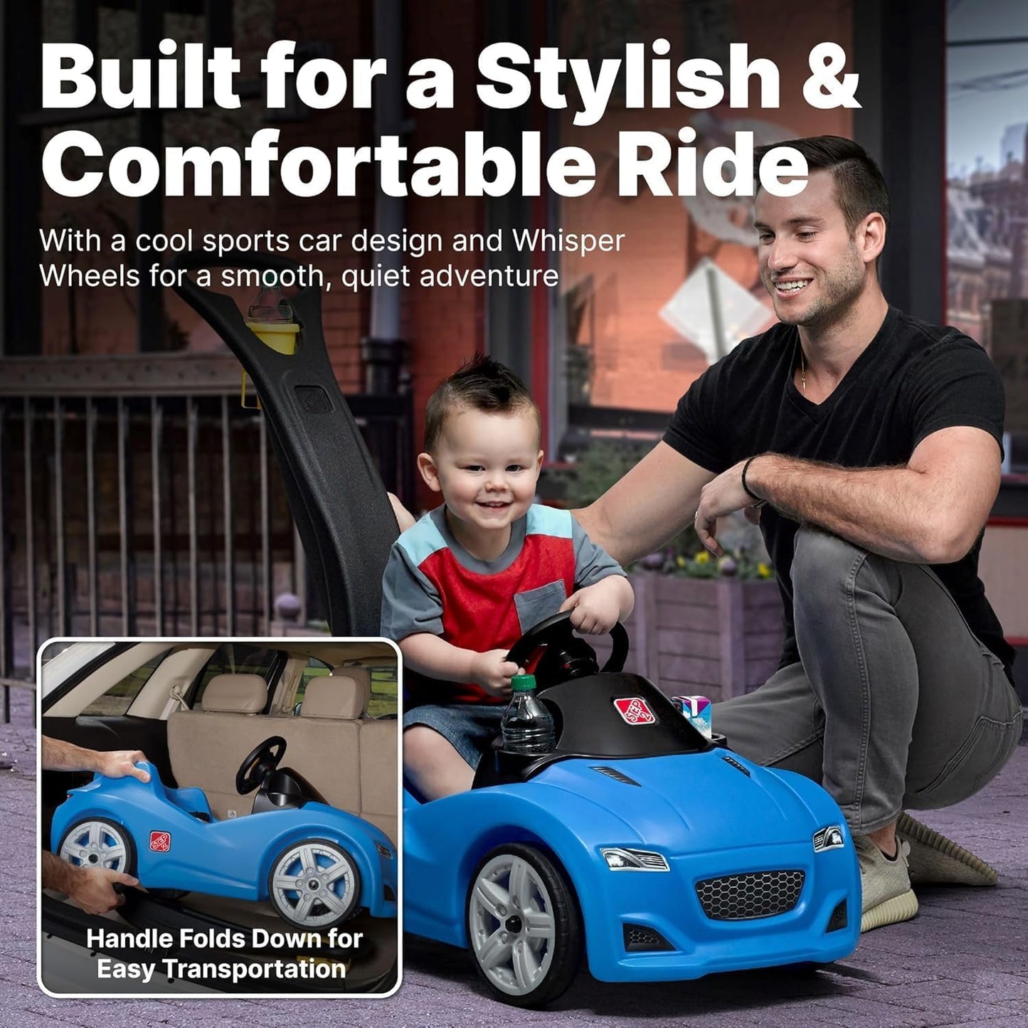 Step2 Whisper Ride Cruiser Kids Push Car, Ride On Toy, Stroller Substitute, Includes Seat Belt & Horn, Made of Durable Plastic, Max Weight 50 lbs., For Toddlers 1.5-4 Years Old, Blue
