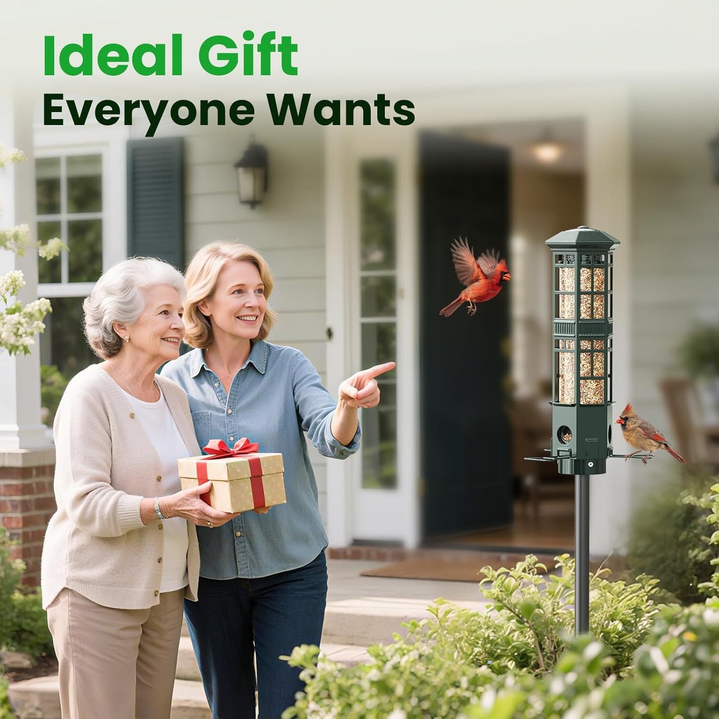 Squirrel Proof Bird Feeder for Outdoors, Gravity Spring Hanging Metal Bird Feeder, 3 Port, Chew-Proof & Weather Resistant, 3LB Large Capacity, Attract Wild Birds, Green