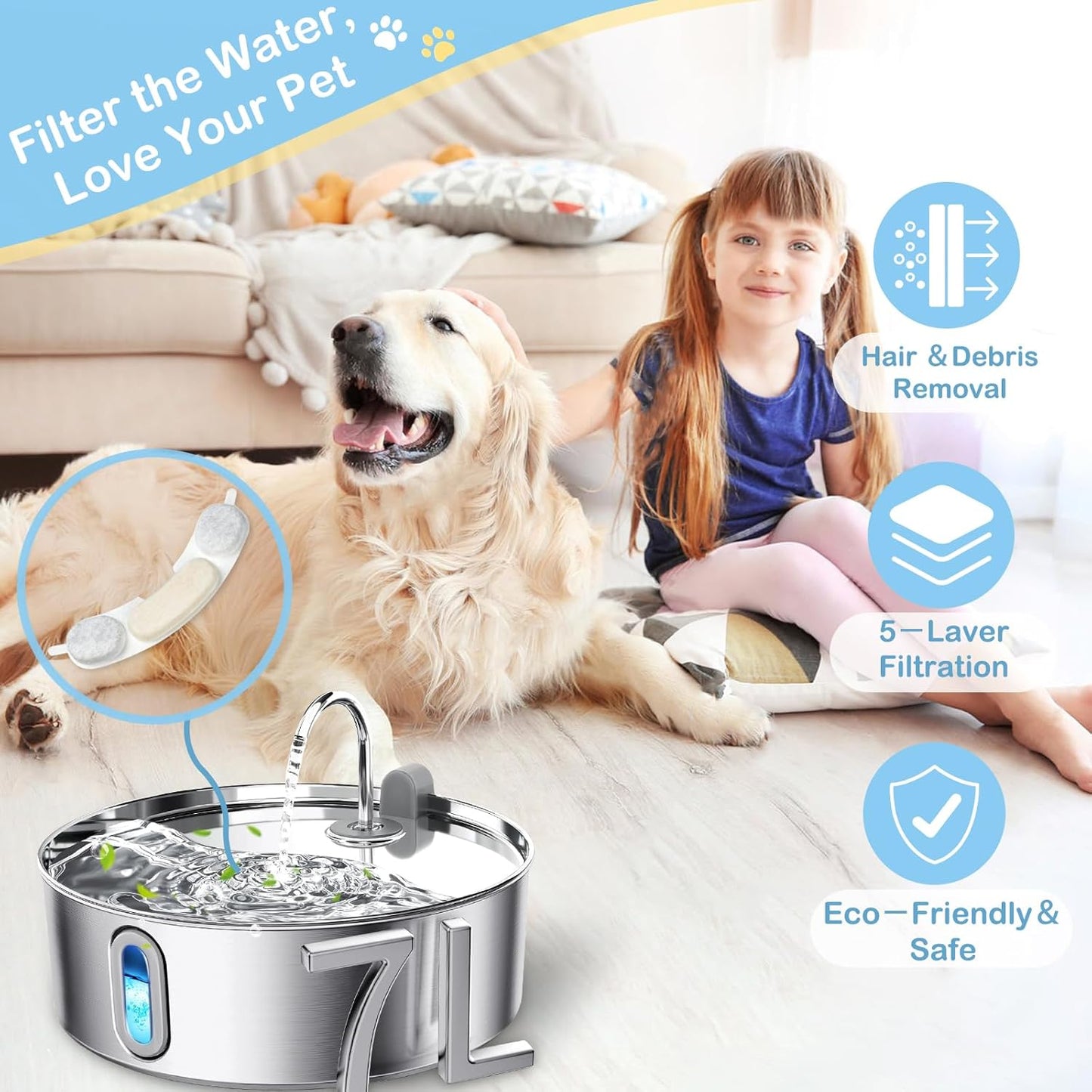 22 Pack Replacement Filters for smartoo 7L/236oz Stainless Steel Dog Water Fountain, 6 Month Set for Large Dogs Water Bowl Dispenser, Includes 22 Filters & 22 Sponges (22Pack)