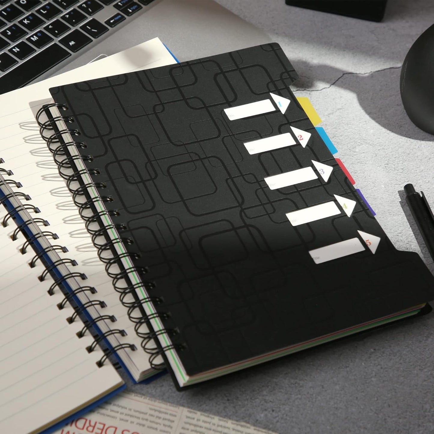 CAGIE 5 Subject Notebook for Work 240 Pages Spiral Notebooks College Ruled with Dividers Tabs A5 Small Note Book for School Office Supplies Note Taking, 5x7, Black