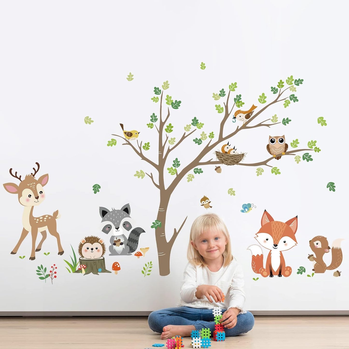 decalmile Woodland Animals Tree Wall Stickers Fox Deer Owl Wall Decals Baby Nursery Kids Bedroom Living Room Wall Decor