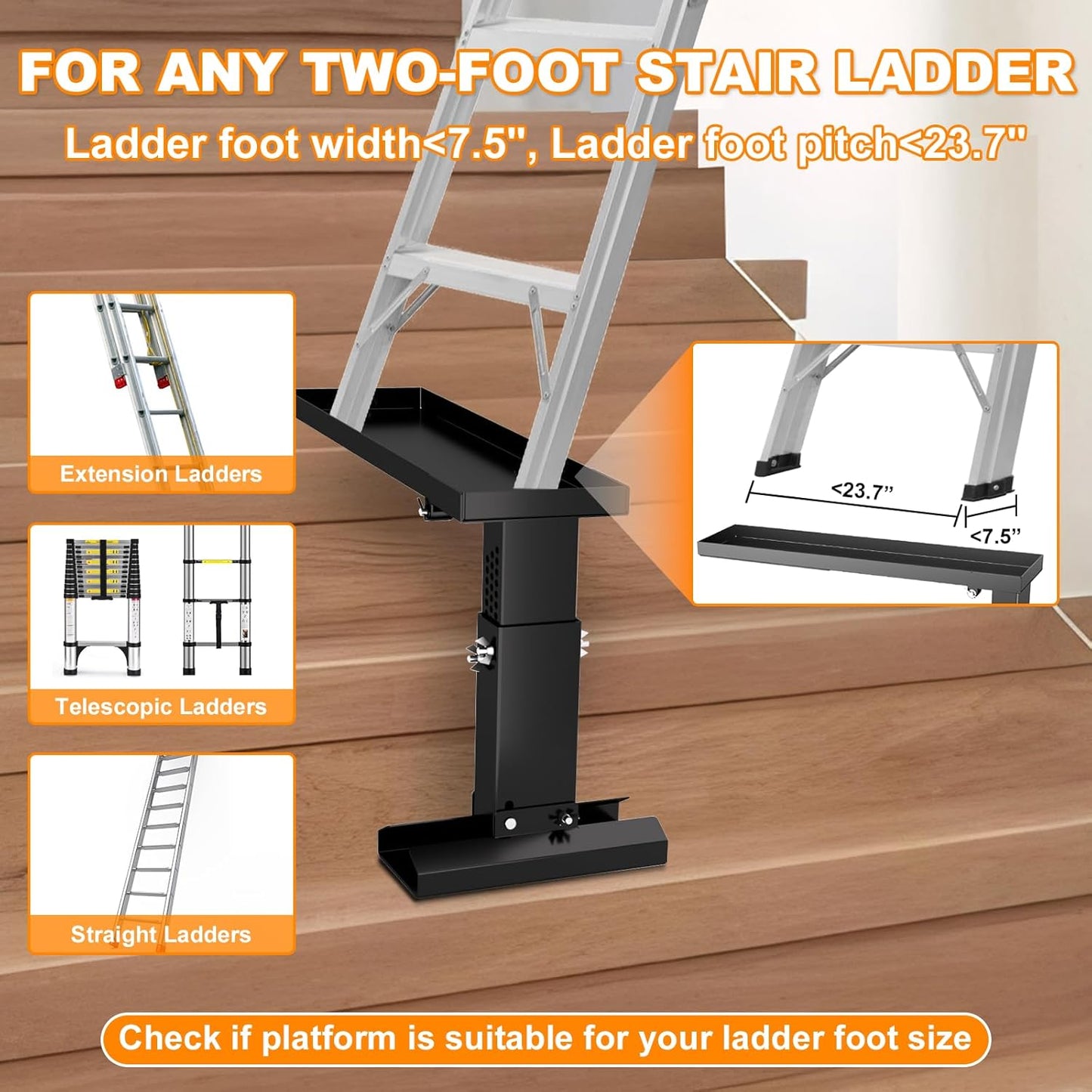 Foldable Heavy Duty Ladder Extender Pro-Adjustable Height 11.8-19.1", Ladder Leveler for Stair-Ladder Aide-Ladder Leveler for Extension Ladders with 23.7x7.5" Platform-Non-Slip Mat-Holds up to 880lbs