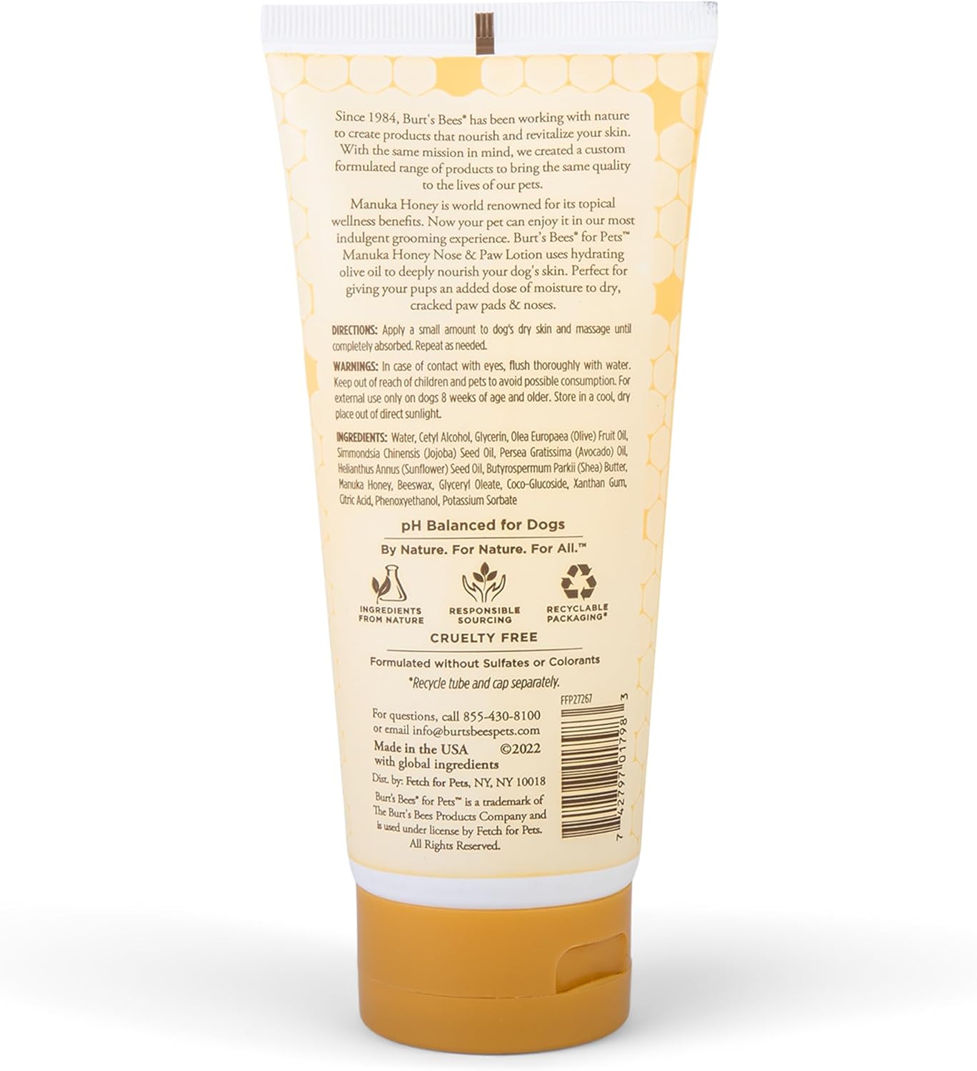 Burt’s Bees for Pets Paw & Nose Lotion for Dogs with Manuka Honey and Olive Oil, Soothes Dry Dog Paws -Naturally Derived Ingredients, 6 Oz