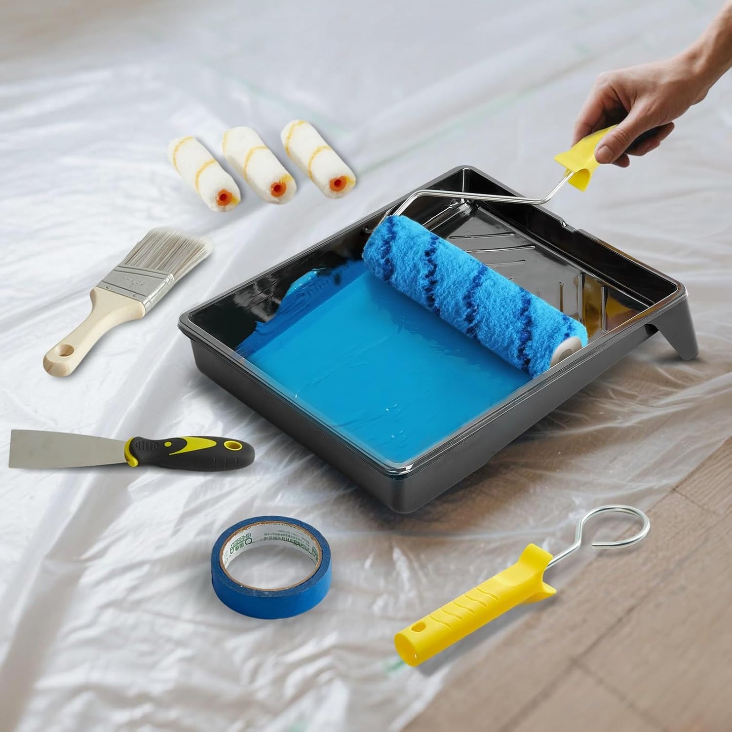 Paint Roller Kit, 29 Pcs Complete Paint Set with 2-4FT Extension Pole, Paint Rollers 9 Inch, 4 Inch Small Paint Rollers, Paint Brushes, Tray, All-in-One Painting Supplies for House Painting