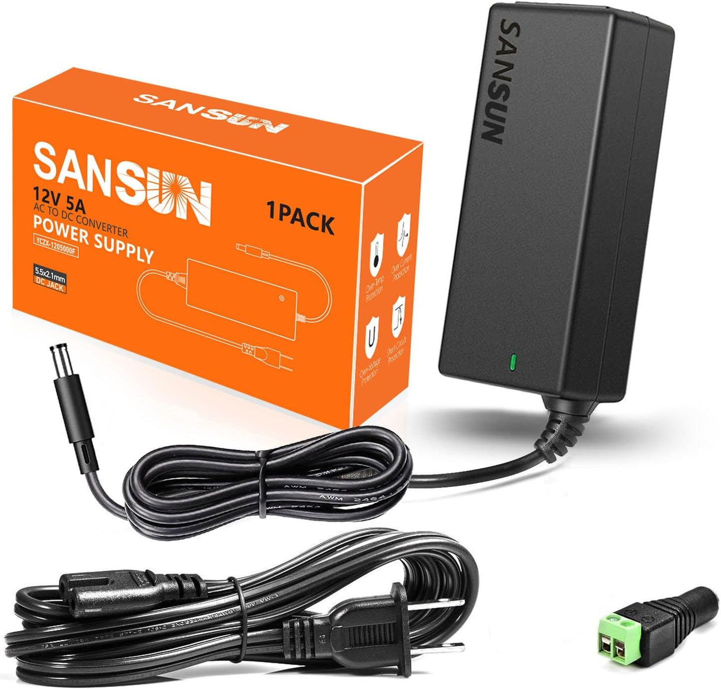 12V 5A Power Supply, AC 120V to DC12V 5.5x2.1mm Jack Converter, 12 Volt LED Driver 60W Adapter Transformer for Strip Lights, Surveillance Cameras, External HDD, Monitor, CCTV (Pack of 1)