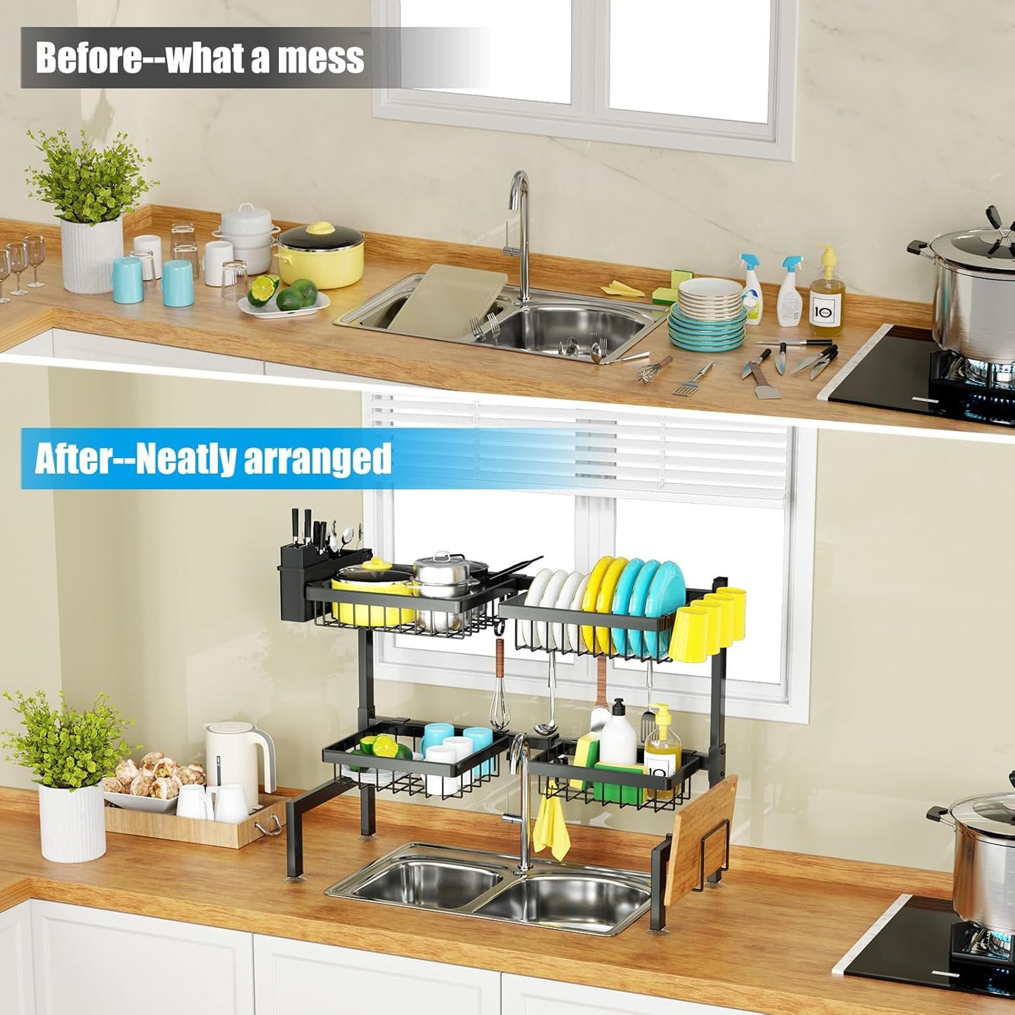SNSLXH 4 Baskets 2-Tier Over The Sink Dish Drying Rack, 26.57"-35", Large Sink Rack for Kitchen, Extensible and Adjustable, Saving Kitchen Space