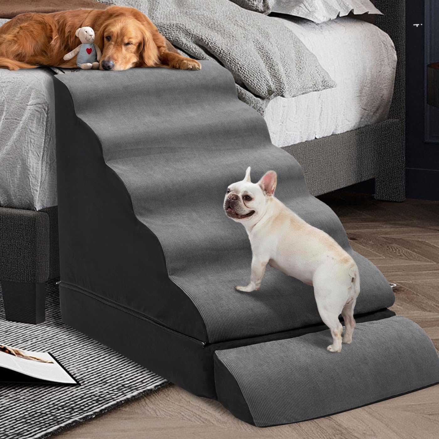Dog Stairs/Steps for High Beds up to 30-36 inches, A.FATI 6 Step Foam Pet Steps for Small Dogs/Old Pets, 30" H Non-Slip Dog Ramp for Bed, Dark Grey