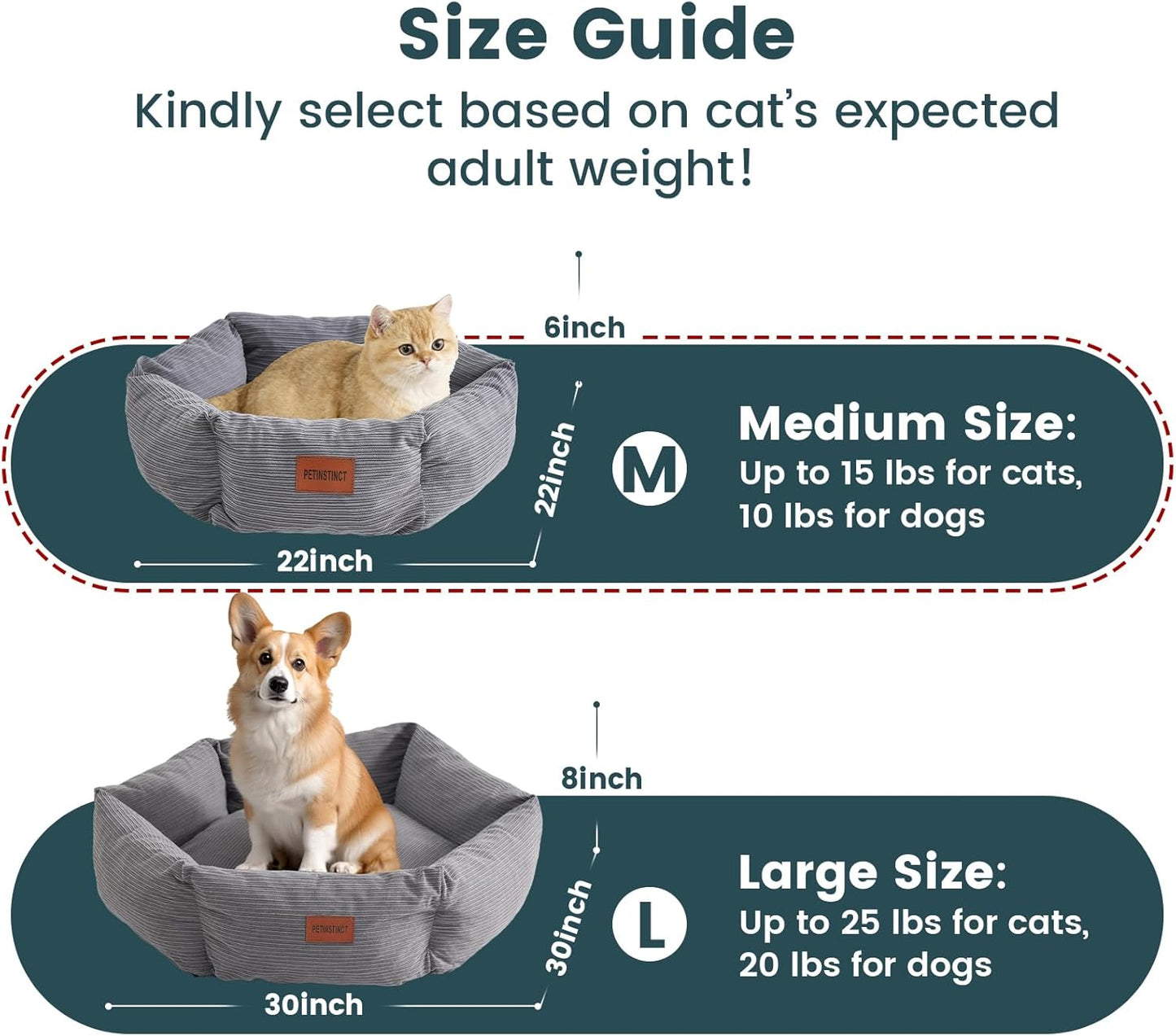 Cat Bed, 22 Inch Washable Corduroy Cat and Small Dog Bed with Removable Cover & Anti-Slip Bottom, Calming Comfort Pet Bed for Pets up to 15 lbs (Cream White)
