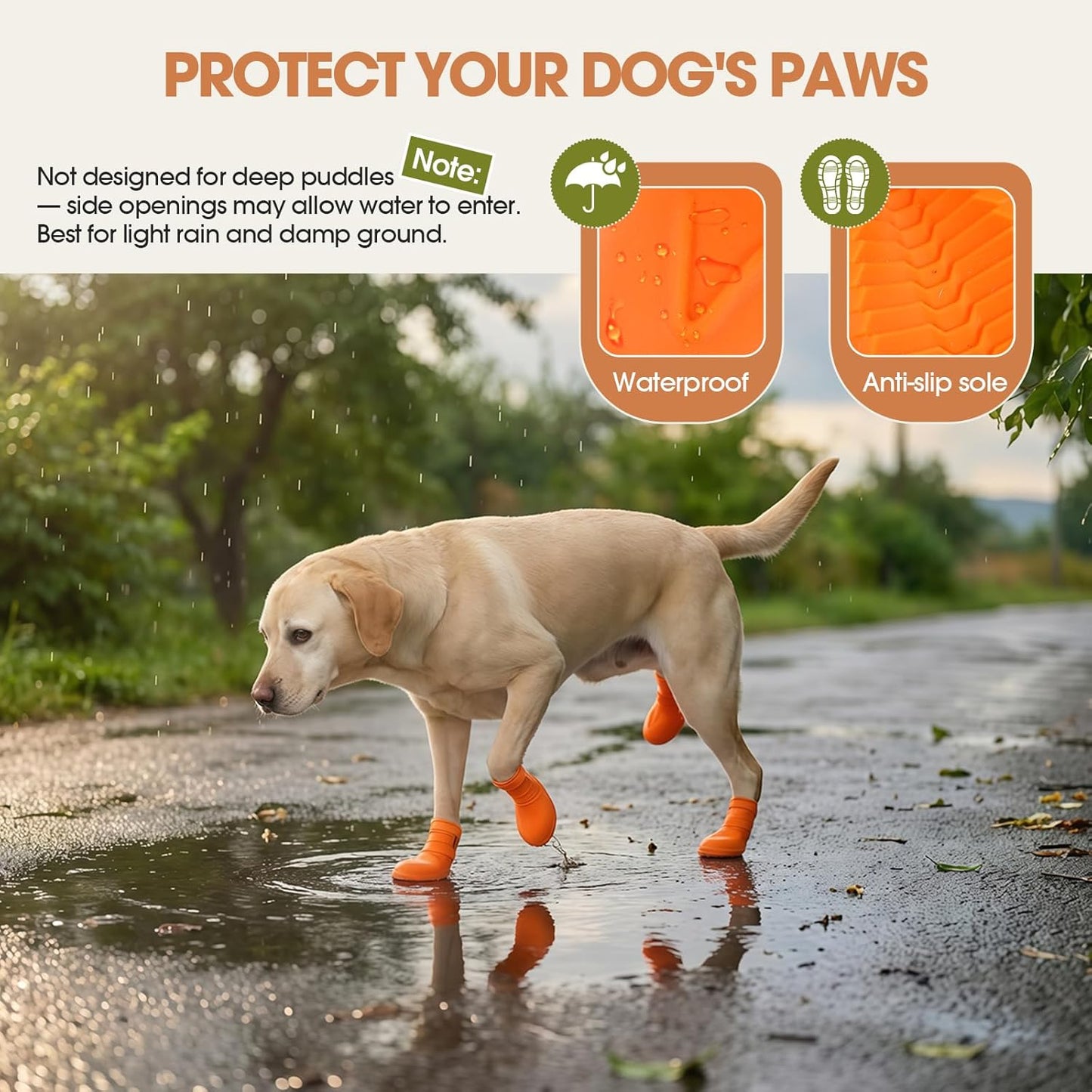 Pezluxe Waterproof Dog Boots, Non-Slip Dog Rain Boots with Ergonomic Design for Front & Back Paws, Outdoor Dog Shoes for Small Medium Large Dogs, Paw Protectors for Hot Pavement & Snow, Orange, XL