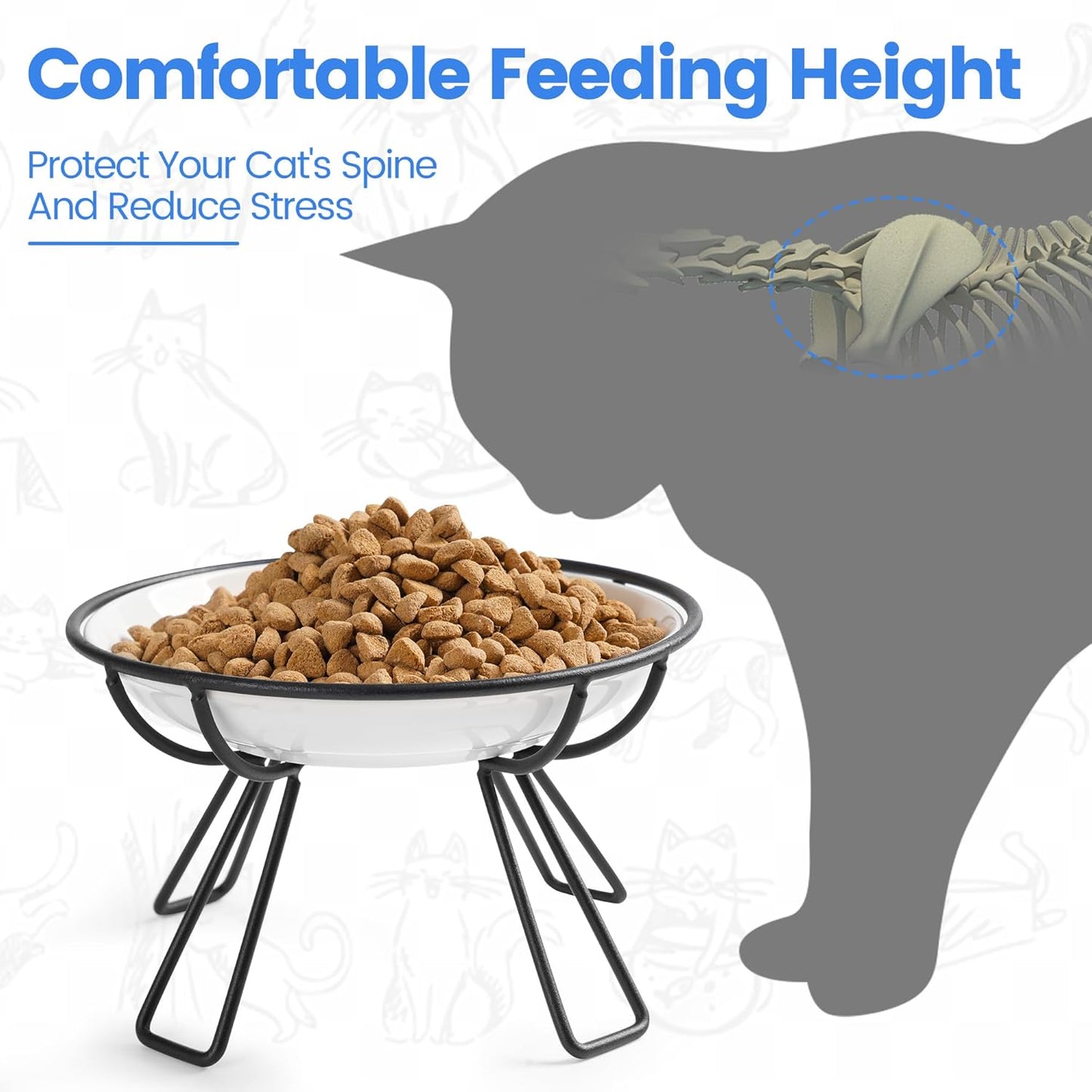 Ceramic Elevated Cat Bowls - Whisker Friendly, Anti-Vomiting, Stylish & Hygienic Cat Bowl Set (Line Cat, 2 Pack)