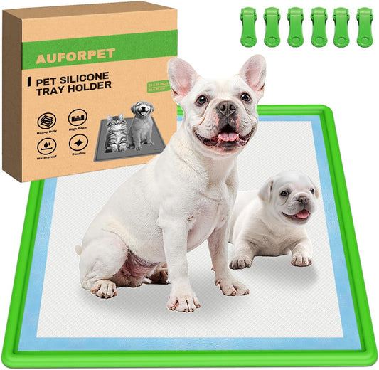 Pee Pad Holder, Puppy Pad Holder, 24" x 24" Heavy Silicone Pee Tray Mat for Dogs with Clips, Reusable, High Edge, Leak-Proof Toilet Training Pad for Potty, Doggy Baby, Cat, Rabbit Pets