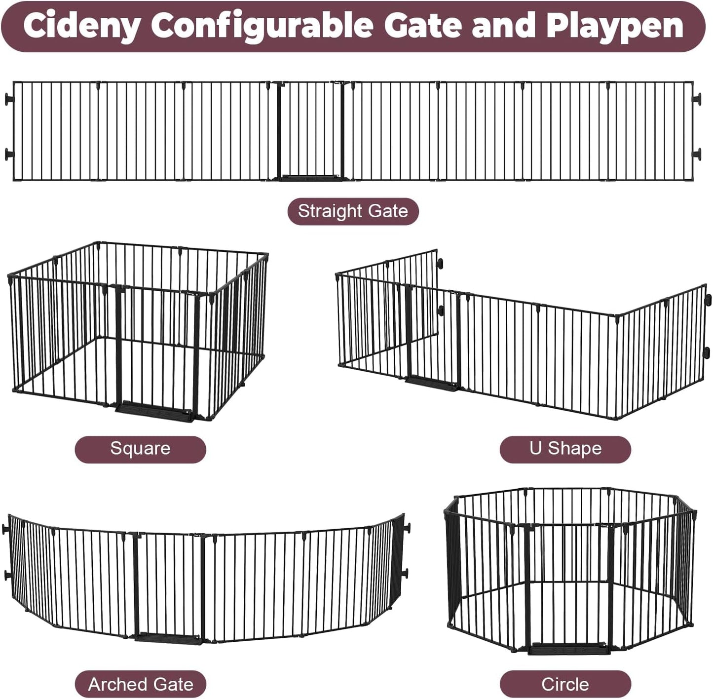 190" Extra Wide Baby Gate Playpen, Adjustable Baby Fence Play Yard, Long Dog Gates Indoor for Stair Doorway Fireplace, Large Child Gate for Toddler Kid Pet, Family Essentials Safty Gate, Black