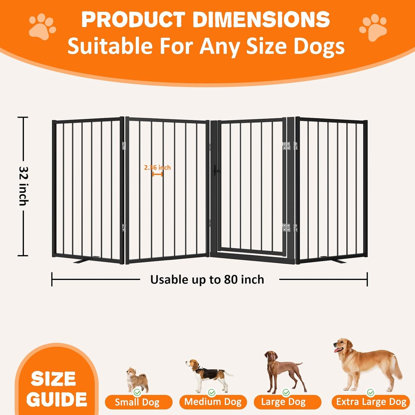 Metal Freestanding Dog Gate, Foldable Extra Wide 79", 32" Tall Large Opening Pet Gate for Indoor & Outdoor, Portable Dog Fence for Stairs, Doorways (Black, 4 Panels)