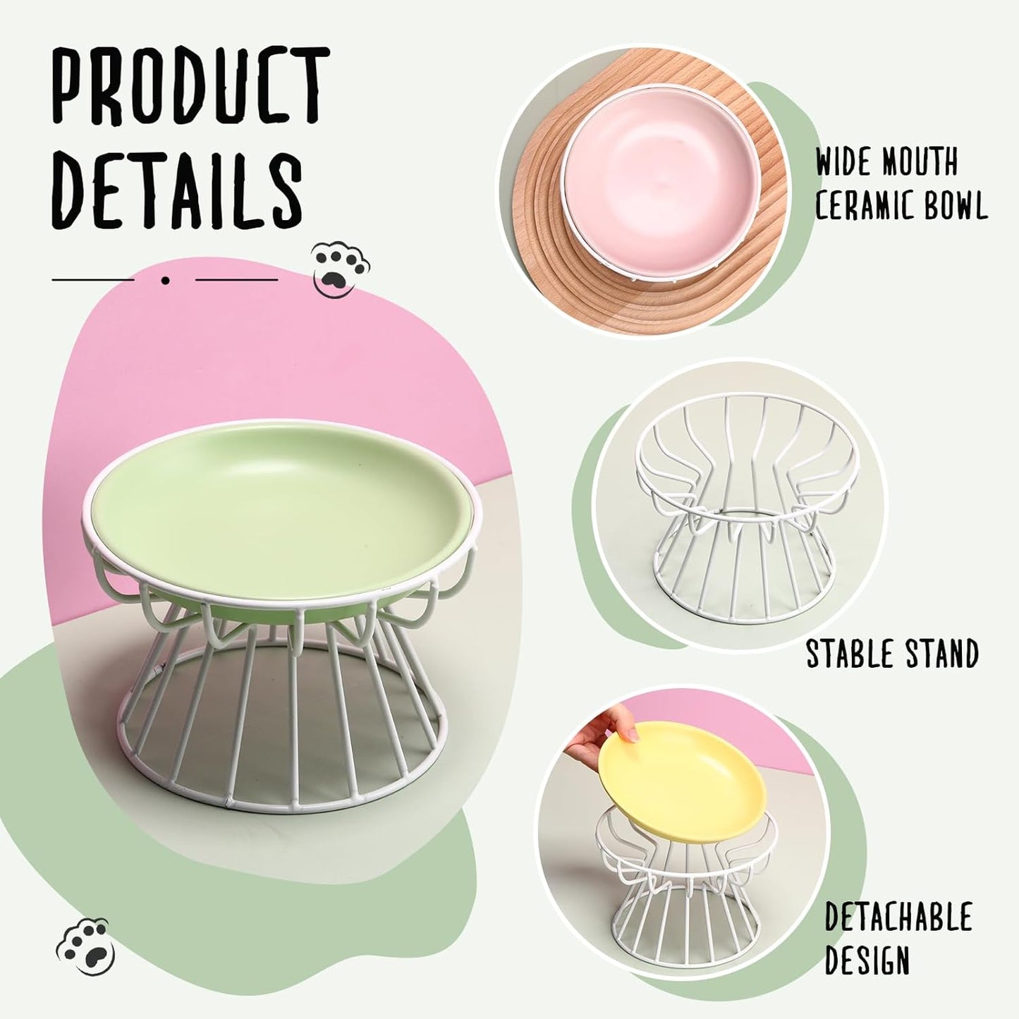 Hushee 6 Pcs Raised Cat Bowls Elevated Ceramic Cat Food Bowls with Metal Stand Anti Vomit Feeding Dishwasher Safe Shallow Ceramic Water Food Plate for Kitten Small Dogs
