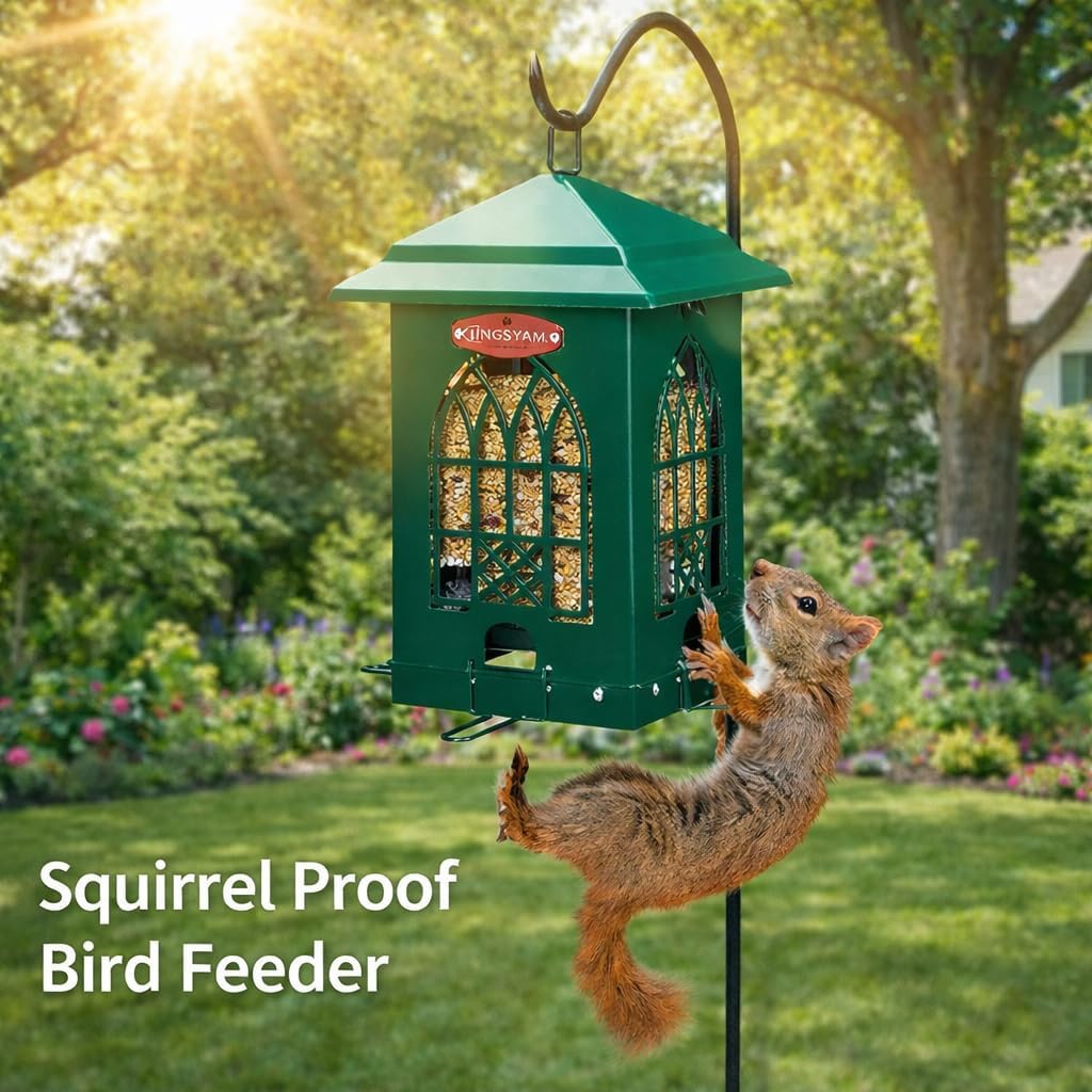 Kingsyard Squirrel Proof Bird Feeders for Outdoors with Weight-Activated Perches, 5 Lbs Capacity Large Metal Bird Feeder House for Small Wildbirds Cardinal Finch Bluebird, Weatherproof, Green