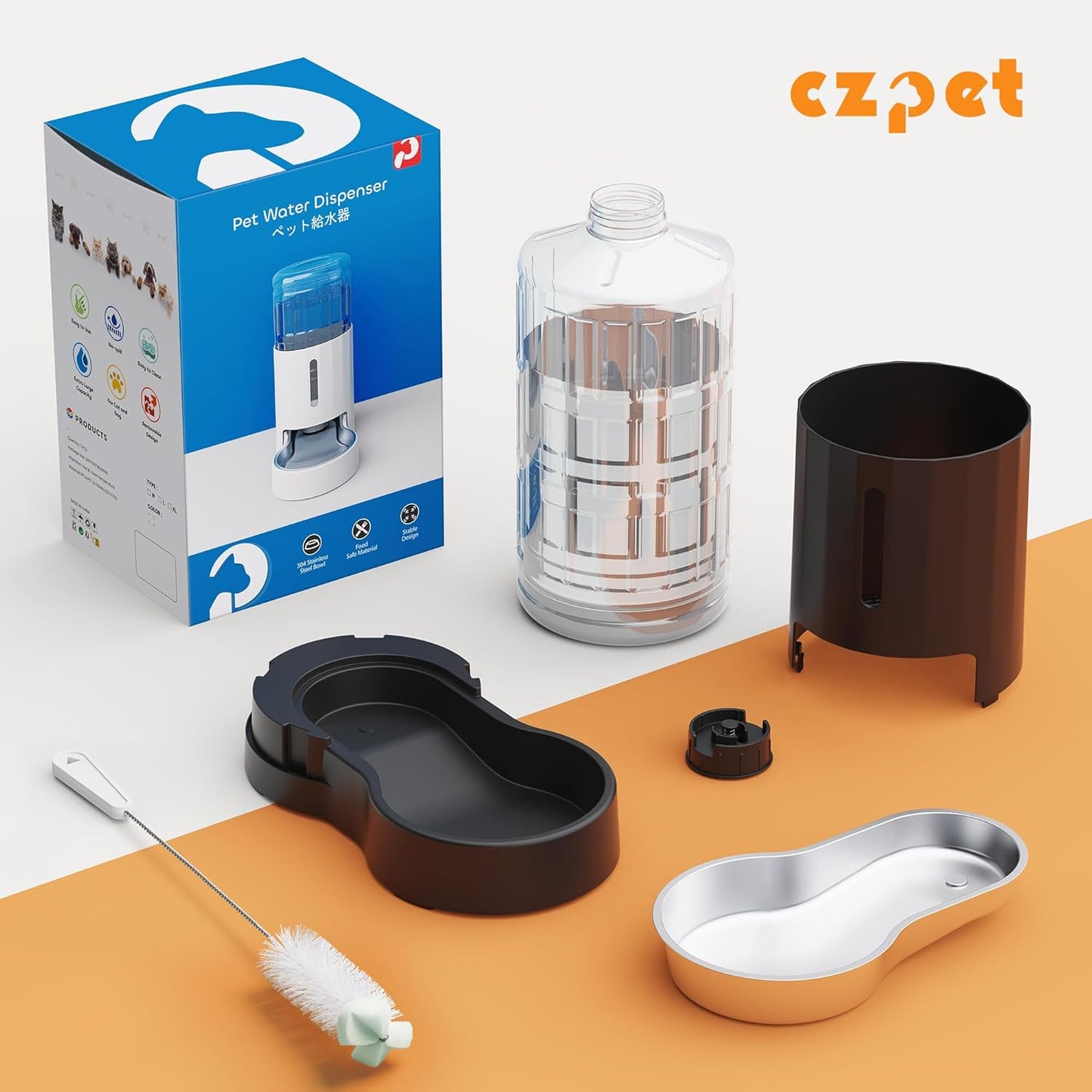 CZPET Dog Water Bowl Dispenser, 8L Automatic Dog and Cat Water Dispenser with Stainless Steel Bowl, Gravity Waterer, Large Capacity, and Quiet Drinking Area for Pets (8L,Black)