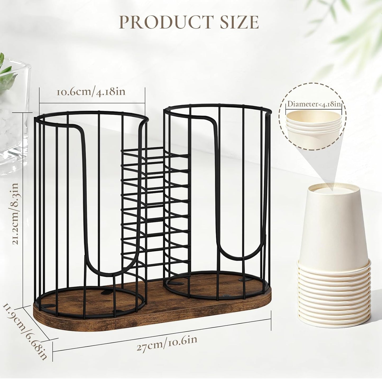 Coffee Cup Holder 18oz 3-Compartment Paper Cup Dispenser Rack with Wood Base - Disposable Cup, Straw & Lid Organizer 3-in-1 Storage for Countertop, Coffee Bar, Kitchen, Office