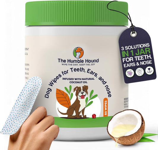 3-in-1 Dog Dental Wipes – Finger Wipes for Teeth, Ears & Snout Infused with Coconut Oil | Promotes Fresh Breath, Tartar Control & Daily Hygiene | Gentle Grooming Wipes for All Dogs – 50 Count