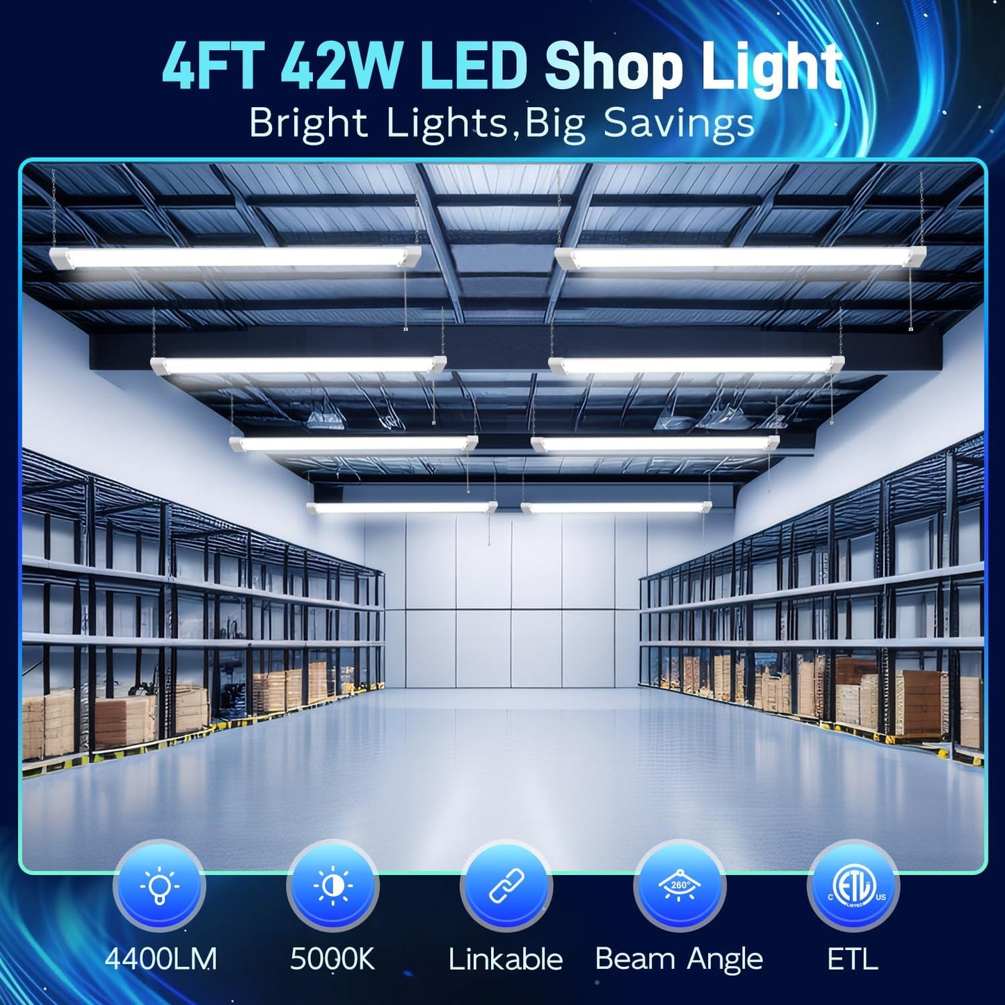 hykolity 5000K LED Shop Light Linkable, 4FT Daylight 42W LED Ceiling Lights for Garages, Workshops, Basements, Hanging or FlushMount, Included Power Cord and Pull Chain, 4400lm, ETL- 1 Pack