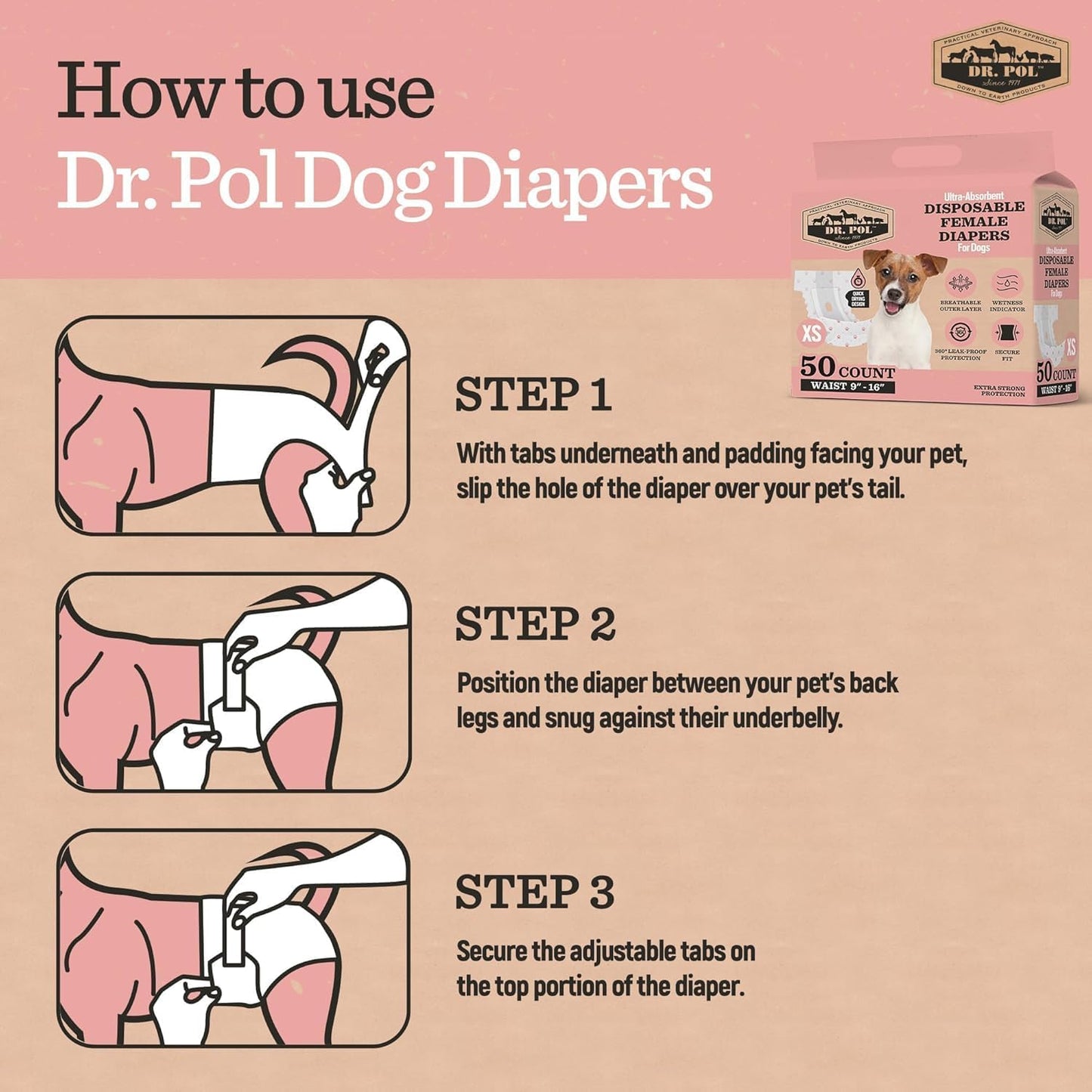 Dr Pol Dog Diapers for Female Dogs | Disposable Pet Diapers with Wetness Indicators | Adjustable Fit | Leak Protection & Super Absorbent | Perfect for Heat Cycles & Training Accidents | Pack of 50