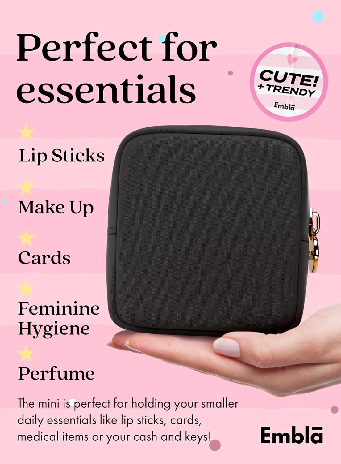 Embla Small Makeup Bag for Purse, Mini Waterproof Nylon Cosmetic Pouch, Durable and Lightweight Travel Toiletry Bag with Smooth Zipper, Black
