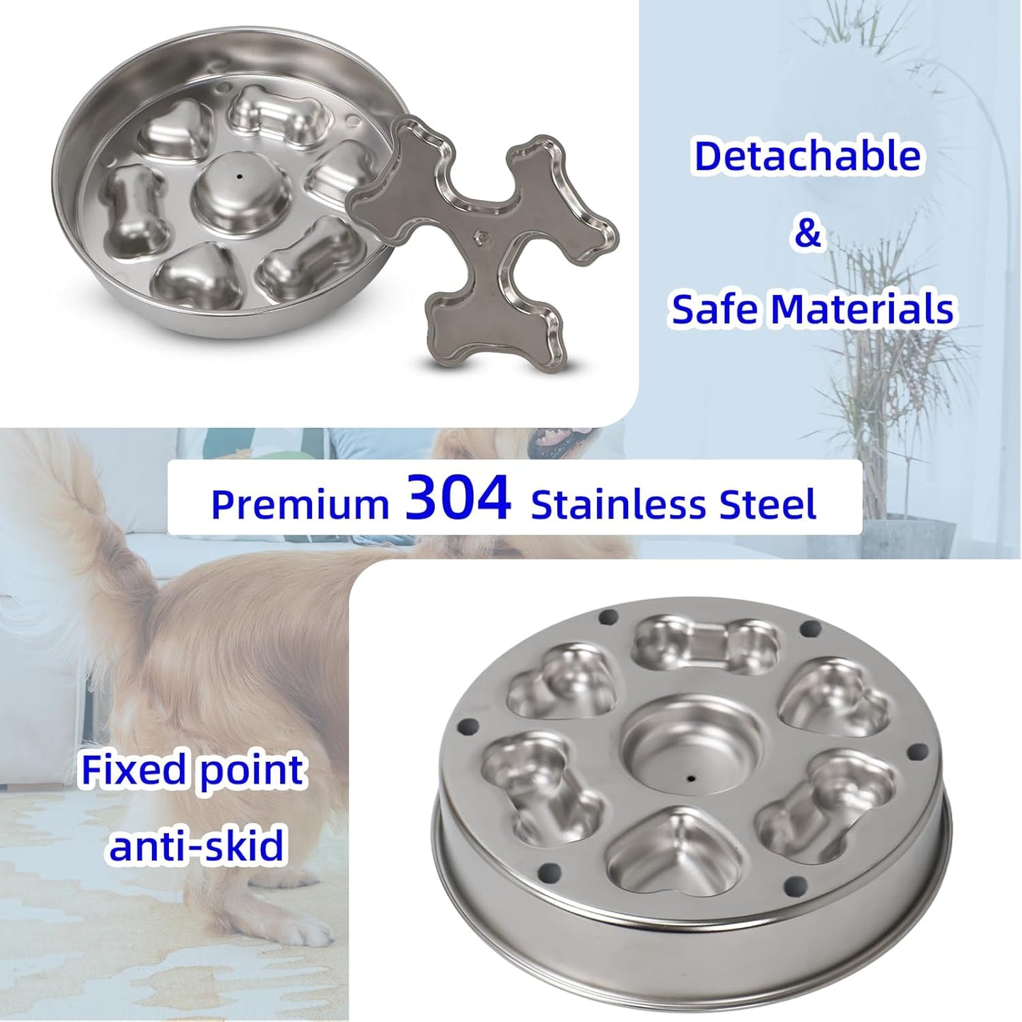 Slow Feeder Dog Bowl Stainless Steel - Double-Sided Rotating Puzzle Design, 2 Cup Capacity for Medium & Large Dogs, Anti-Choking, Non-Slip Base, Dishwasher Safe