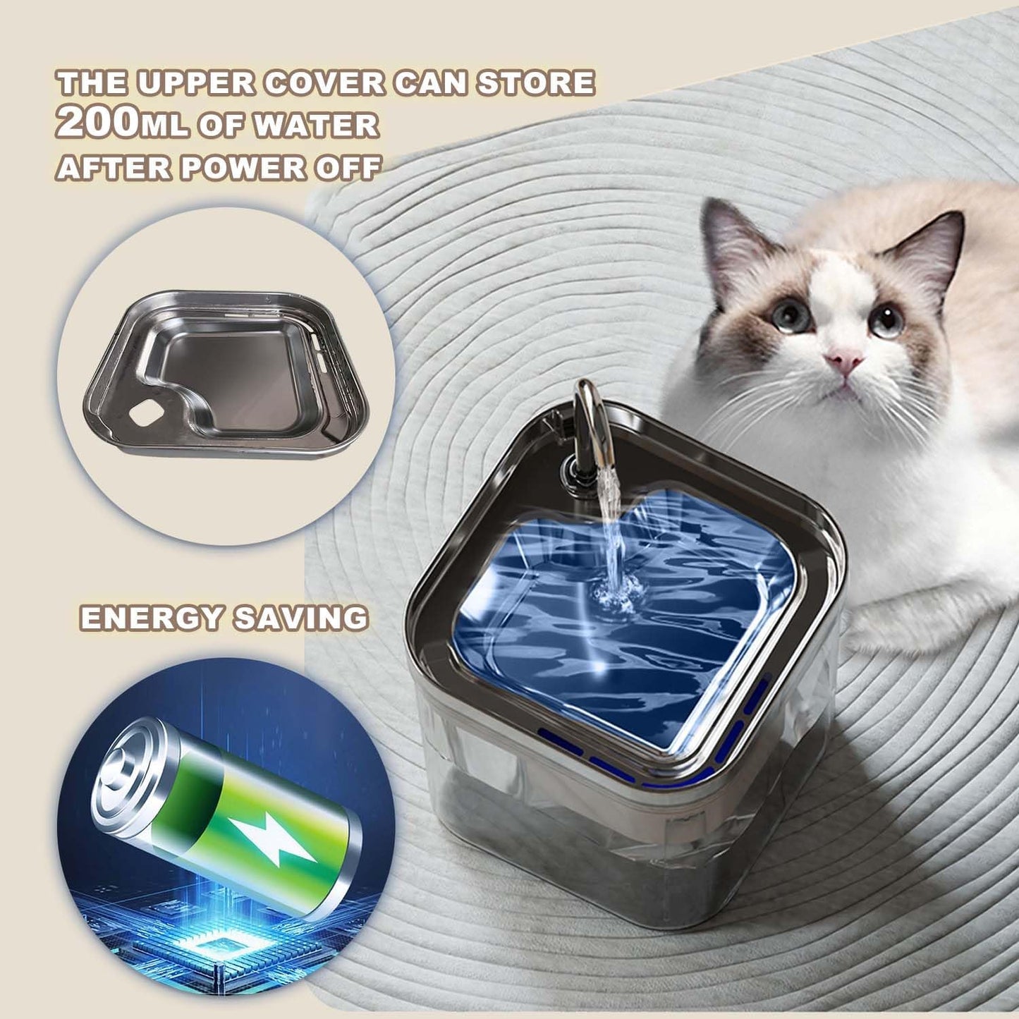 Cat Water Fountain, 74OZ/2.2L Stainless Steel Cat Drinking Fountain with Ultra Quiet Pump, for Cats Dogs Indoor