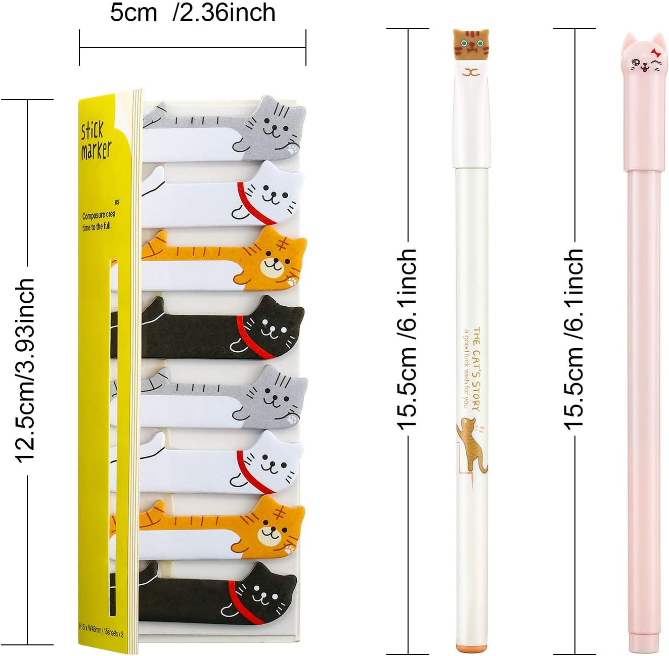 Outus 14 Sets Cute Cat Pens Stationary Set, 12 Pcs 0.5mm Cat Design Gel Pens and 320 Pcs Kawaii Sticky Notes Page Bookmarks Tab for Kitten Lovers Kids Women Office School Classroom Supplies