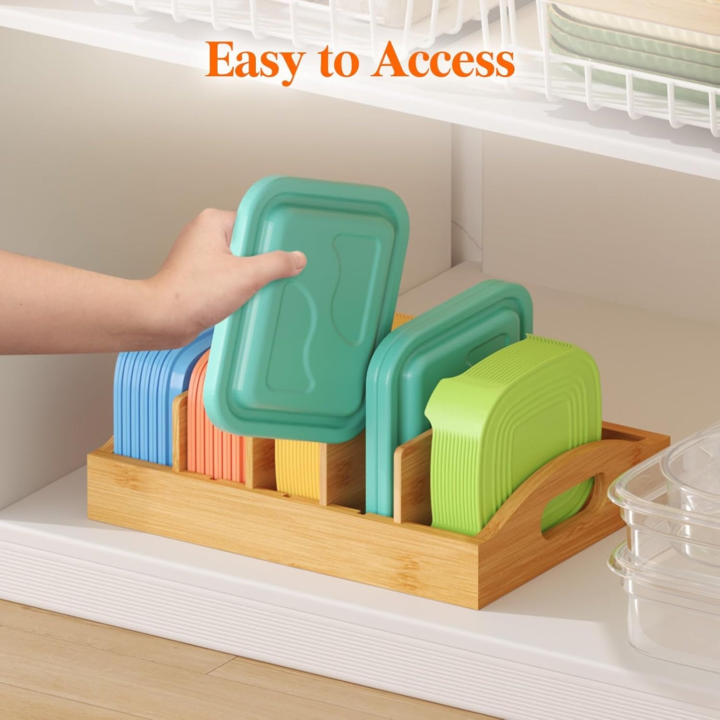 Lifewit Bamboo Lid Organizers for Inside Cabinet, Food Storage Container Lid Holder with 4 adjustable Inserts & 5 Compartments, Lid Storage for Kitchen Pantry Organization, 10.6" X 8.3"