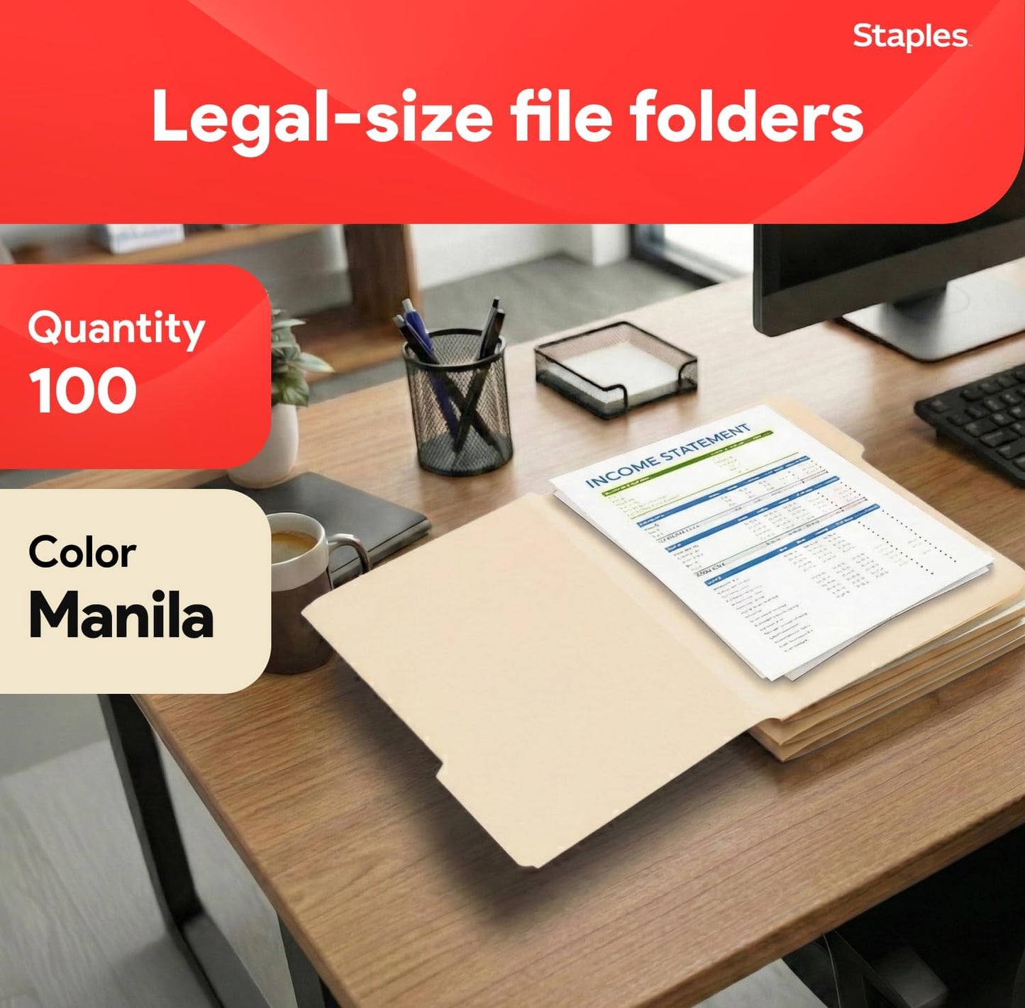 Staples Recycled File Folders, Legal Size, 1/3‑Cut Tabs, Manila, 30% Recycled Paper Stock, 100/Box