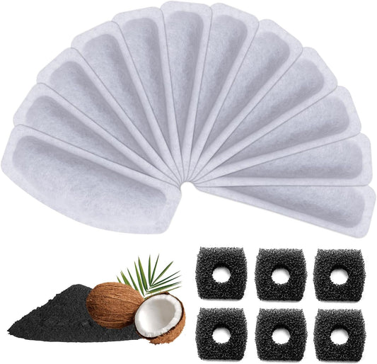 12PCS Cat Water Fountain Filters Replacement for ORSDA D30 67oz/2L Stainless Steel Pet Fountain, Carbon Filters with Triple Filtration System, 6PCS Pump Sponges