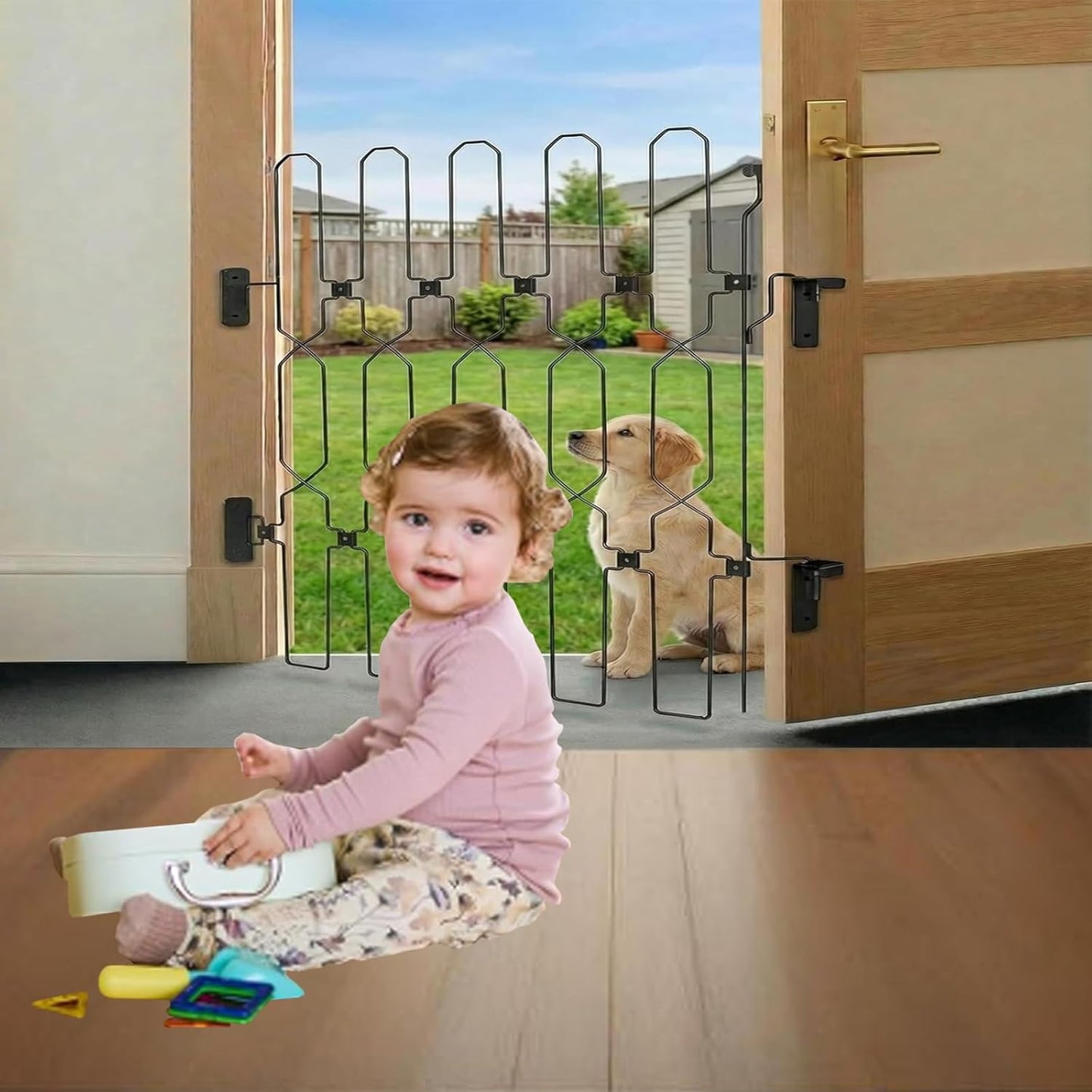 28.4 inch Retractable Pet Door, Adjustable Metal Gate, Front Door Safety Dog Door, RV Retractable Pet Door, Doorway