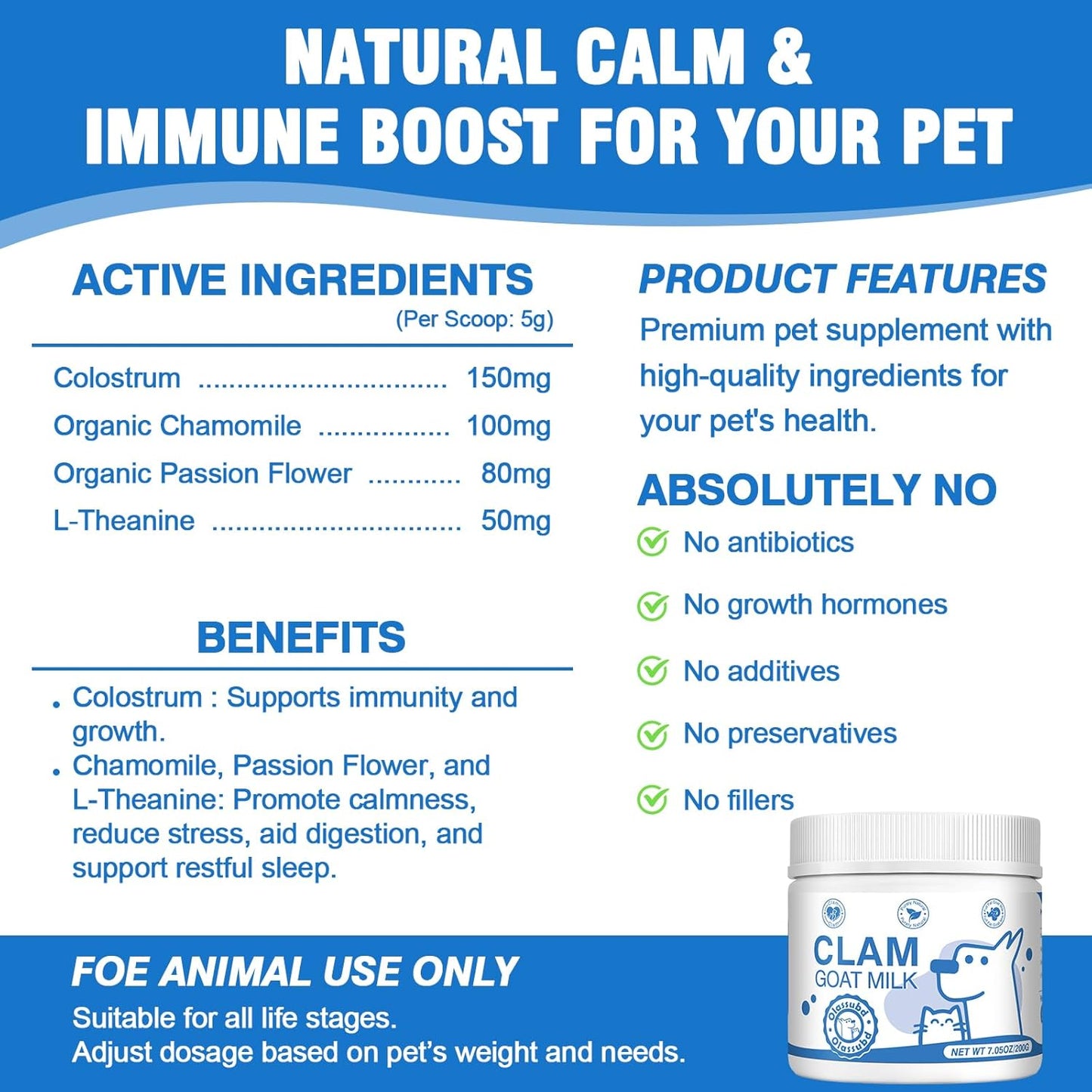 Goat Milk Powder Cat & Dog Calming Pet Goats Milk Calm Treats Anxiety Relief Contains GABA Designed for Pets with Anxiety Stress and Hyperactivity Supports Immune Skin and Bone Health